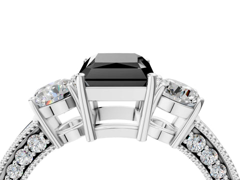 White gold Fancy Black Radiant Cut Three-Stone Diamond Ring with Pavé Band and Four-Prong Setting_16