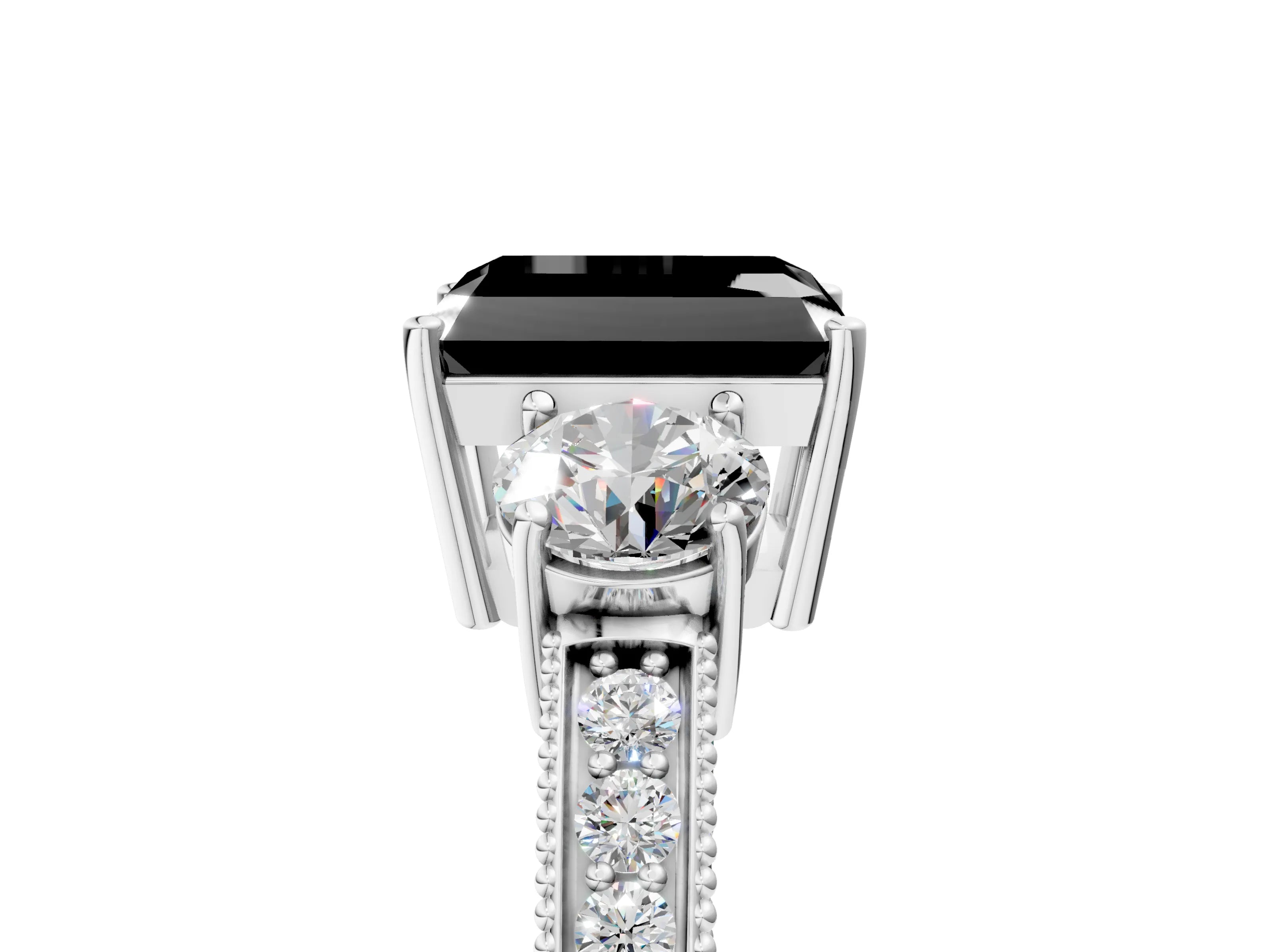 White gold Fancy Black Radiant Cut Three-Stone Diamond Ring with Pavé Band and Four-Prong Setting_17