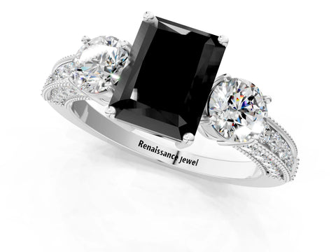 White gold Fancy Black Radiant Cut Three-Stone Diamond Ring with Pavé Band and Four-Prong Setting_1