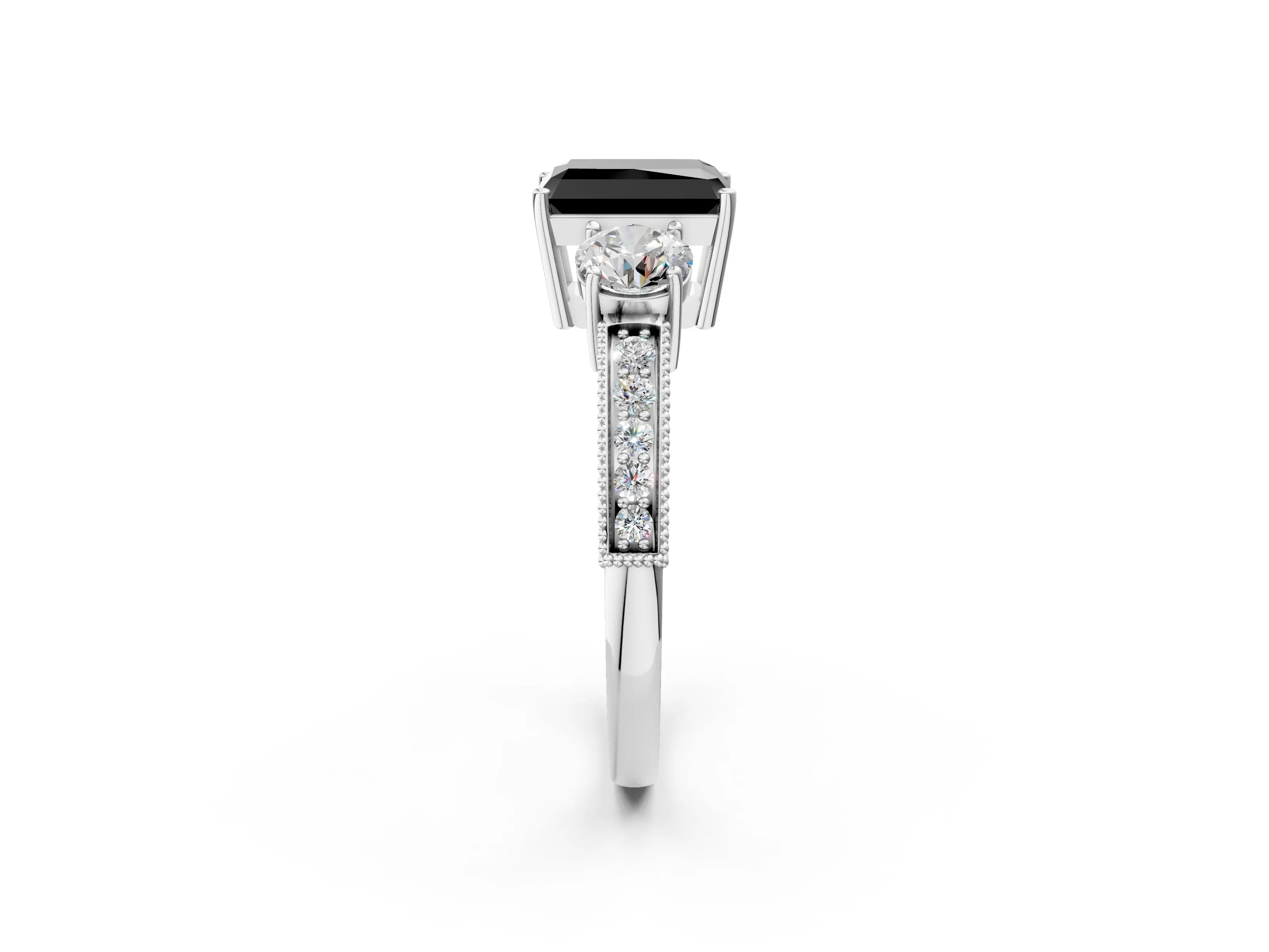 White gold Fancy Black Radiant Cut Three-Stone Diamond Ring with Pavé Band and Four-Prong Setting_2