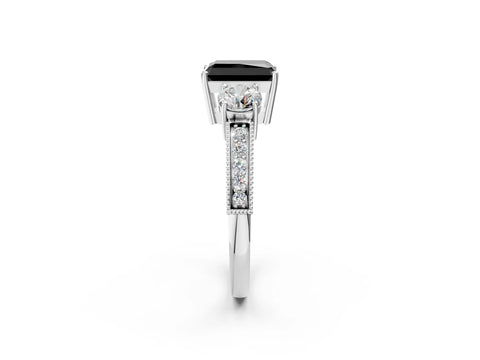 White gold Fancy Black Radiant Cut Three-Stone Diamond Ring with Pavé Band and Four-Prong Setting_2