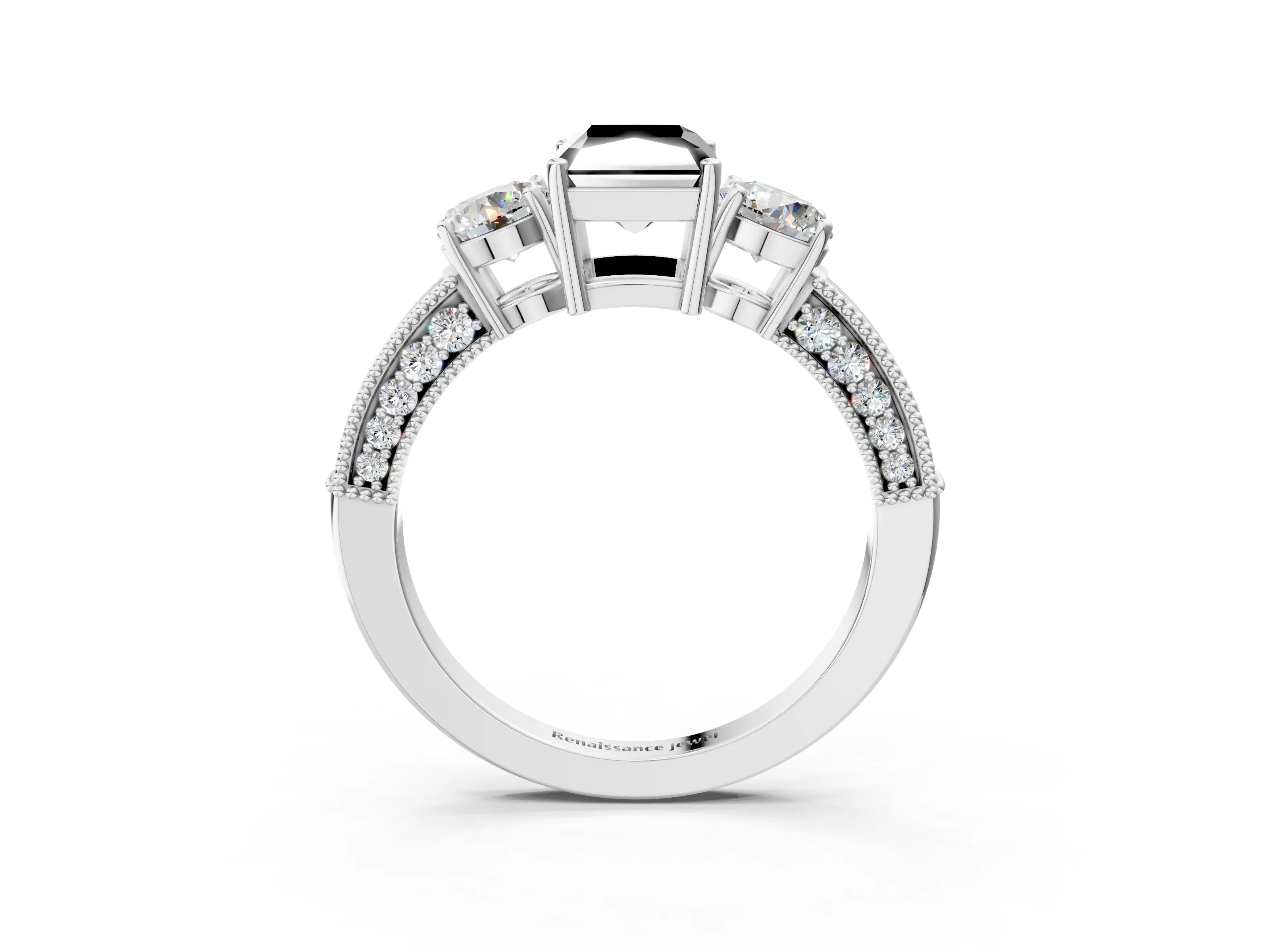White gold Fancy Black Radiant Cut Three-Stone Diamond Ring with Pavé Band and Four-Prong Setting_3