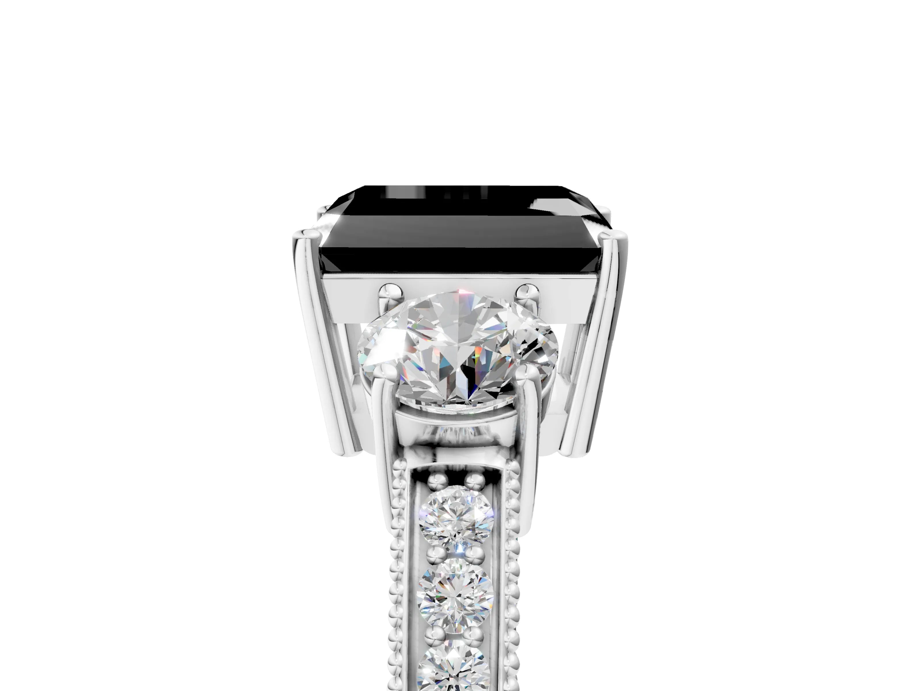 White gold Fancy Black Radiant Cut Three-Stone Diamond Ring with Pavé Band and Four-Prong Setting_5