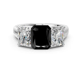 White gold Fancy Black Radiant Cut Three-Stone Diamond Ring with Prong Setting on a Classic Band_12