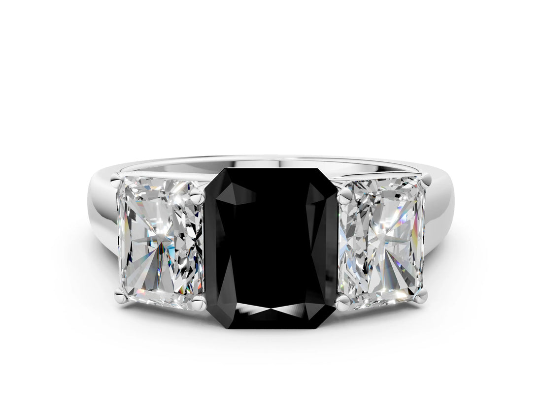 White gold Fancy Black Radiant Cut Three-Stone Diamond Ring with Prong Setting on a Classic Band_18