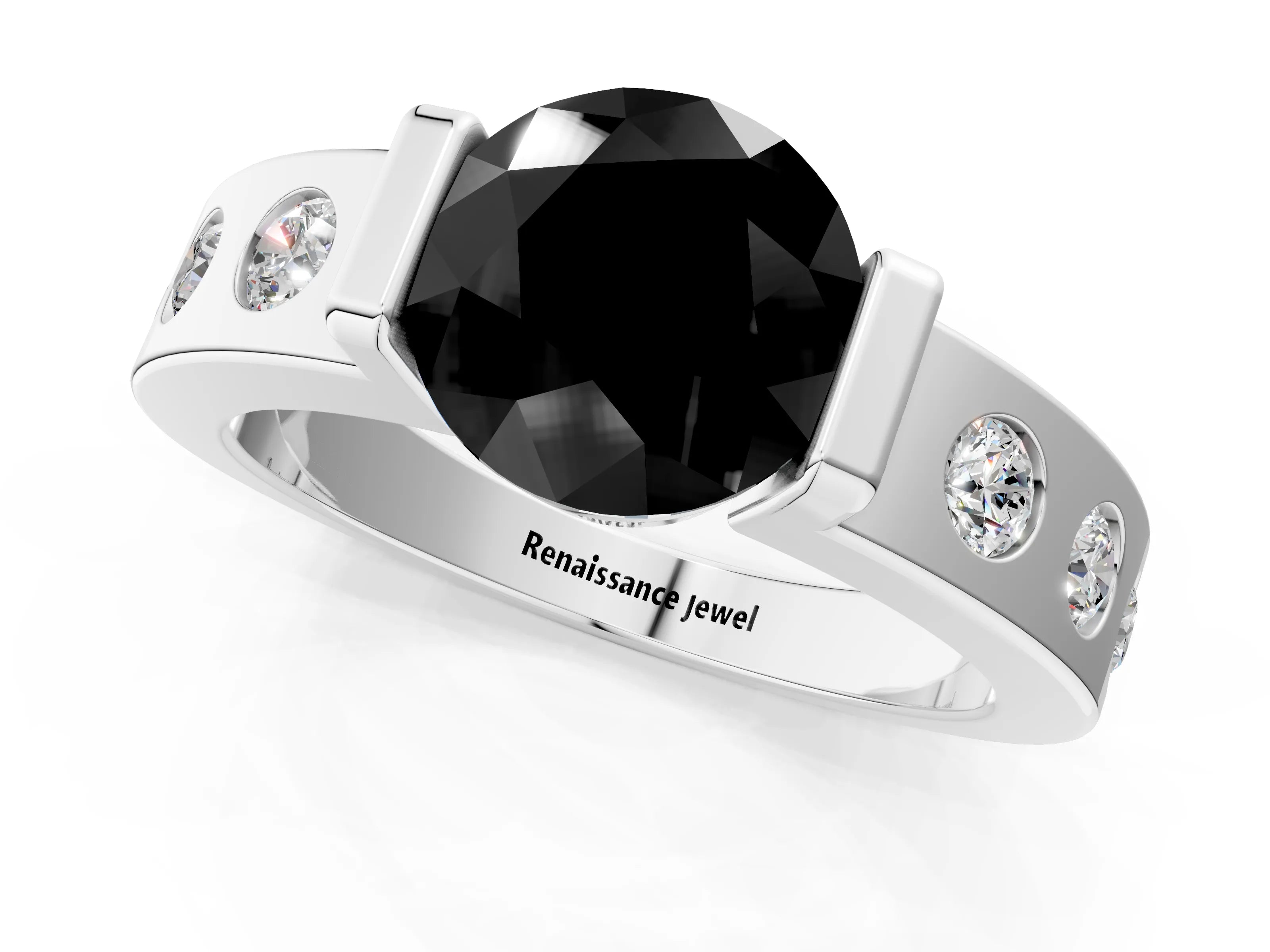 White gold Fancy Black Round Cut Brilliant Channel-Set Diamond Ring with Bezel Prong Setting_1