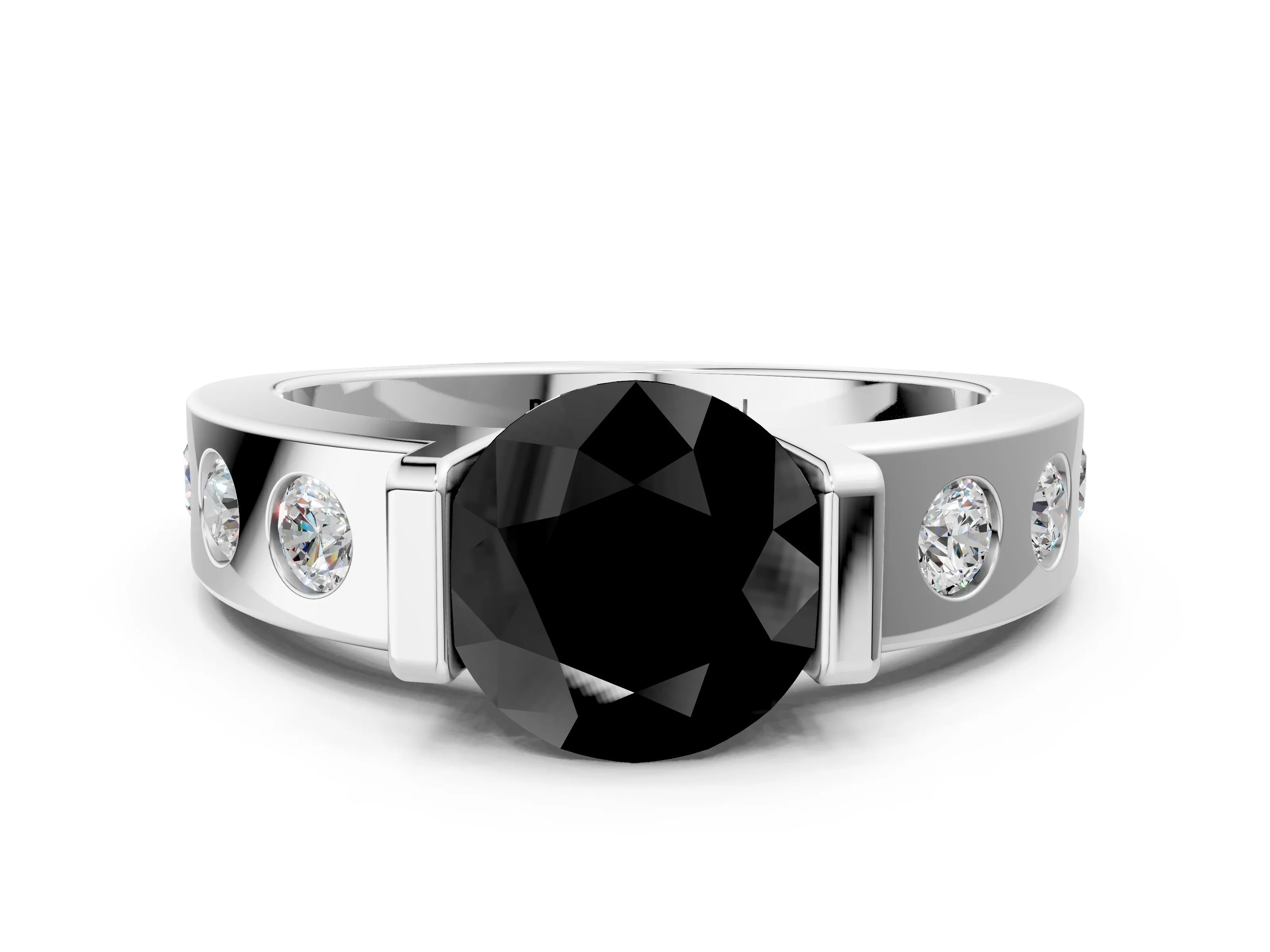 White gold Fancy Black Round Cut Brilliant Channel-Set Diamond Ring with Bezel Prong Setting_12