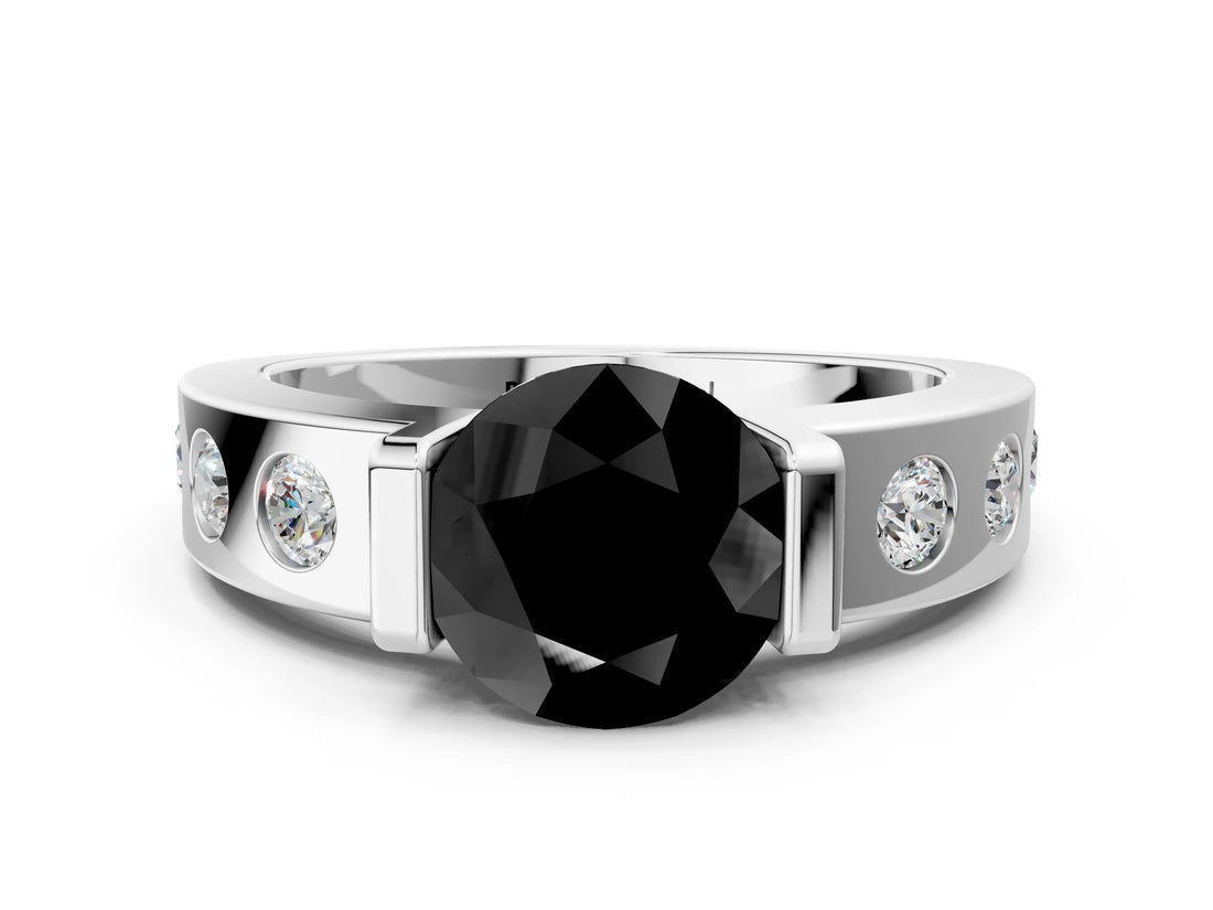 White gold Fancy Black Round Cut Brilliant Channel-Set Diamond Ring with Bezel Prong Setting_12