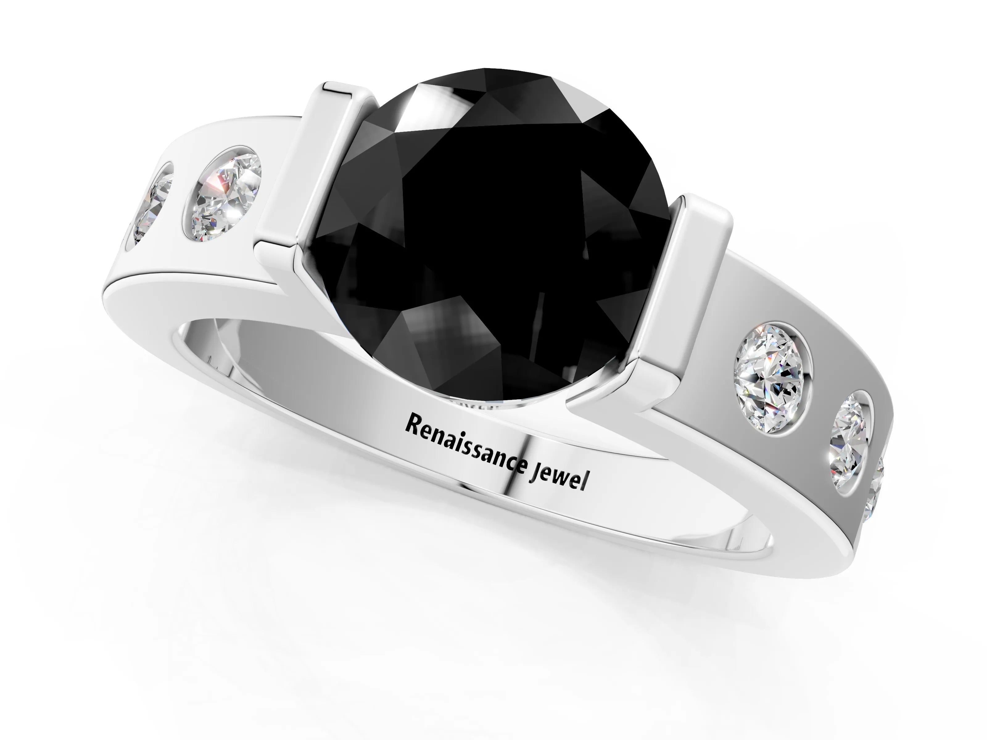 White gold Fancy Black Round Cut Brilliant Channel-Set Diamond Ring with Bezel Prong Setting_13