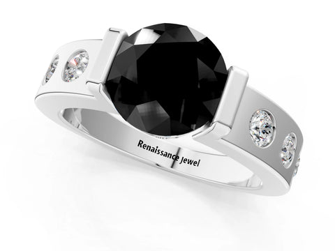 White gold Fancy Black Round Cut Brilliant Channel-Set Diamond Ring with Bezel Prong Setting_13