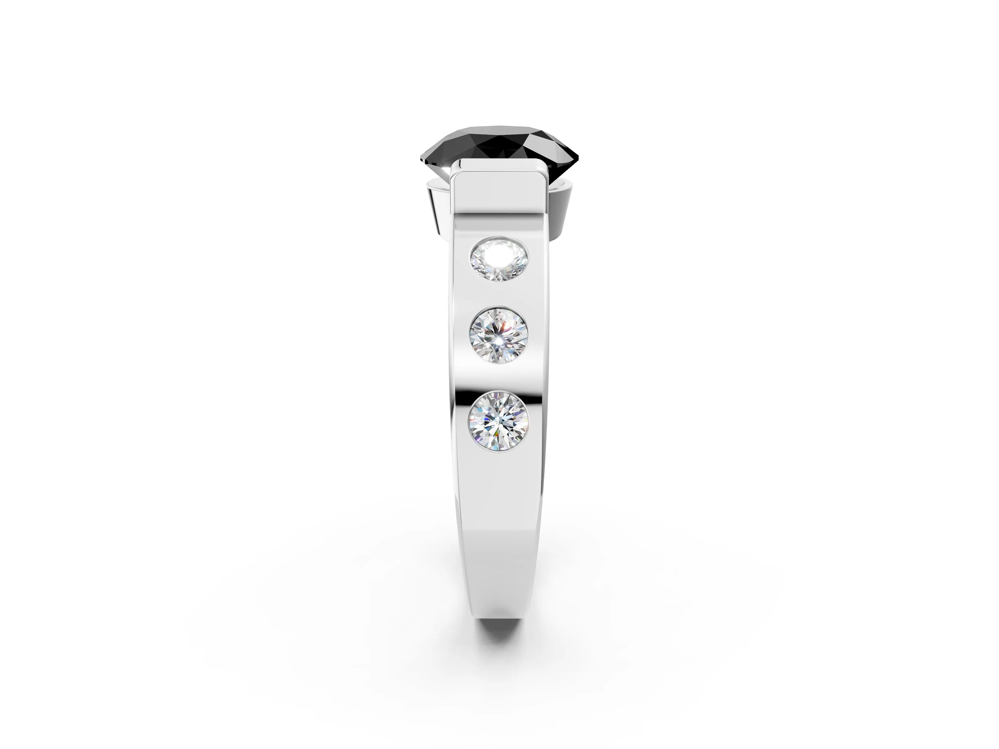 White gold Fancy Black Round Cut Brilliant Channel-Set Diamond Ring with Bezel Prong Setting_14