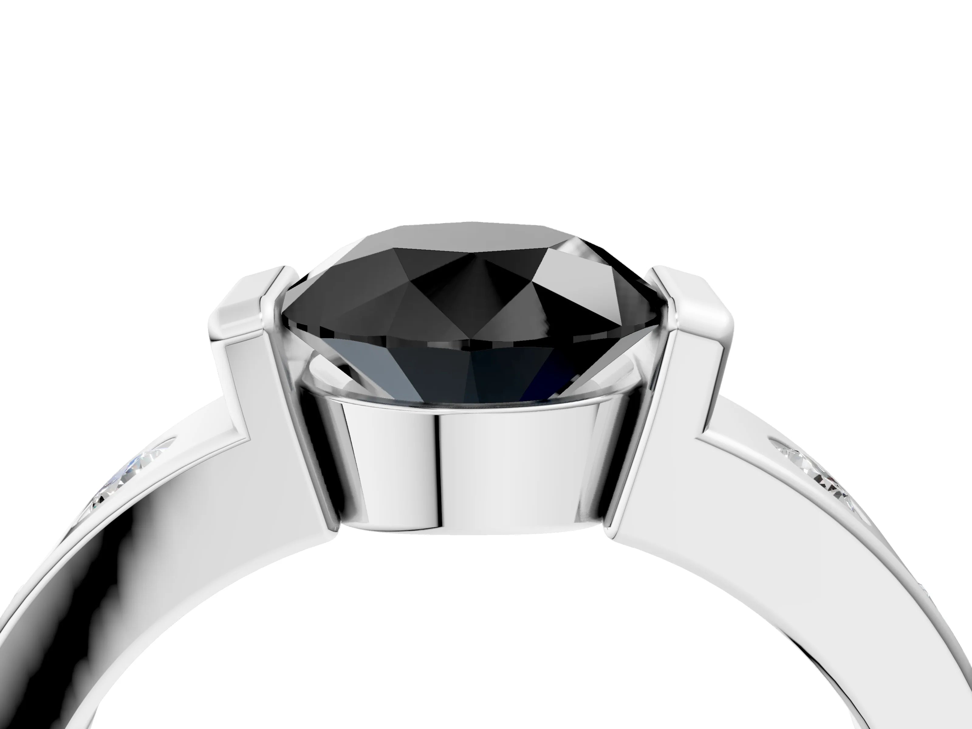 White gold Fancy Black Round Cut Brilliant Channel-Set Diamond Ring with Bezel Prong Setting_16