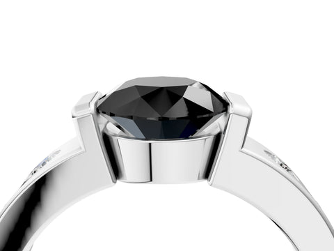 White gold Fancy Black Round Cut Brilliant Channel-Set Diamond Ring with Bezel Prong Setting_16
