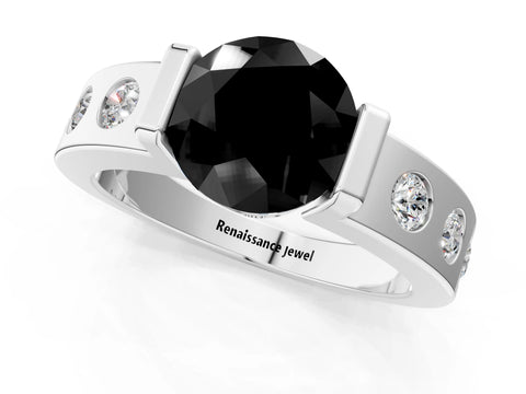 White gold Fancy Black Round Cut Brilliant Channel-Set Diamond Ring with Bezel Prong Setting_1