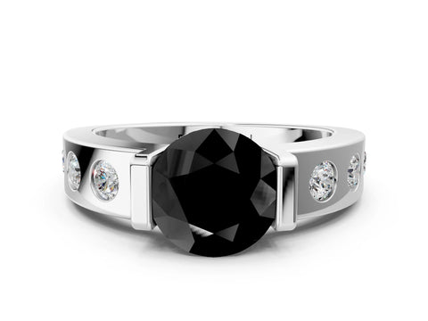 White gold Fancy Black Round Cut Brilliant Channel-Set Diamond Ring with Bezel Prong Setting