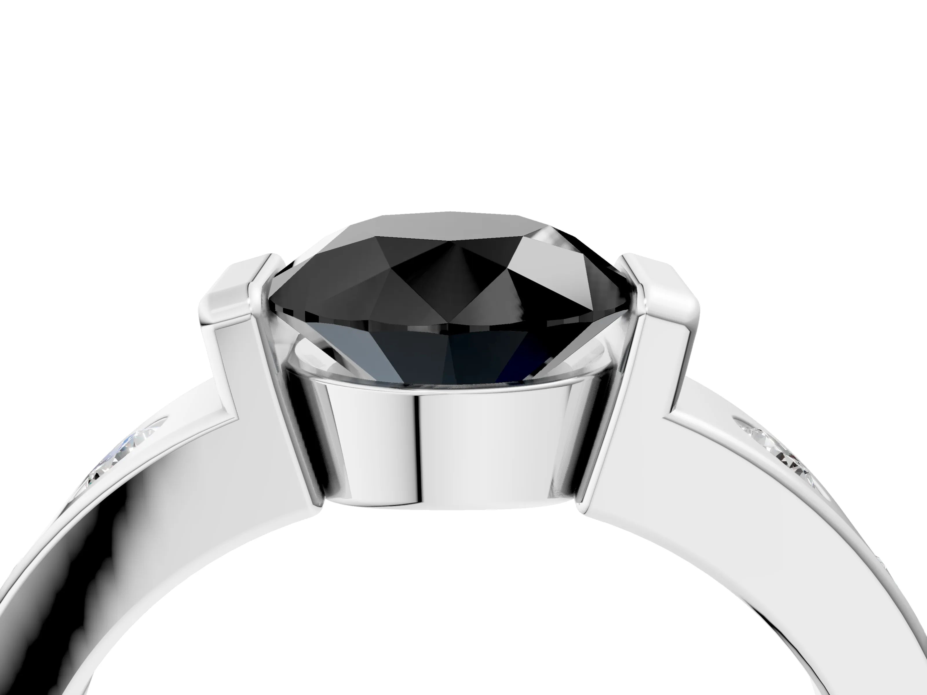 White gold Fancy Black Round Cut Brilliant Channel-Set Diamond Ring with Bezel Prong Setting_4