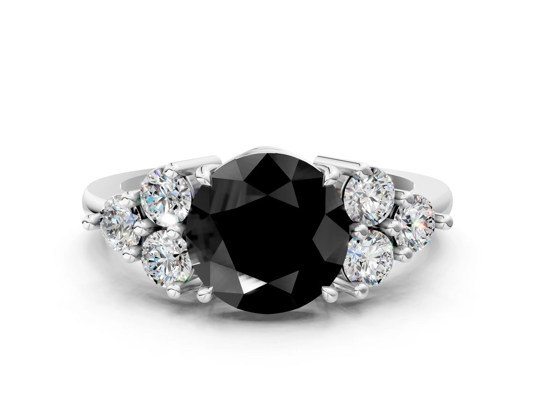 White gold Fancy Black Round Cut Brilliant Diamond Cluster Accent Solitaire Ring with Prong Setting_12