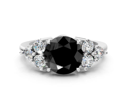 White gold Fancy Black Round Cut Brilliant Diamond Cluster Accent Solitaire Ring with Prong Setting_12