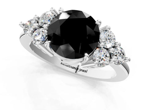 White gold Fancy Black Round Cut Brilliant Diamond Cluster Accent Solitaire Ring with Prong Setting_13