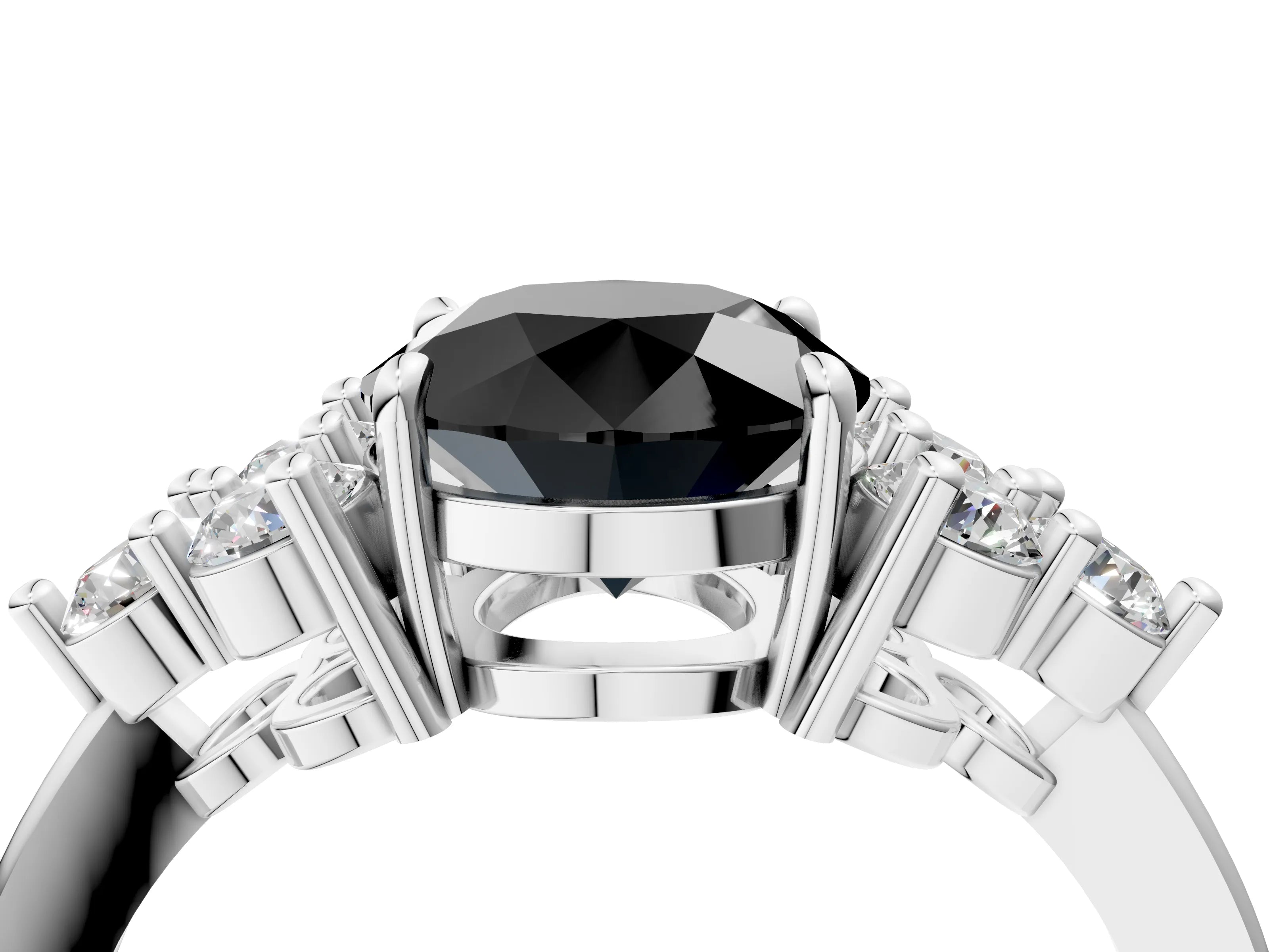 White gold Fancy Black Round Cut Brilliant Diamond Cluster Accent Solitaire Ring with Prong Setting_16