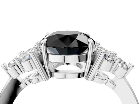 White gold Fancy Black Round Cut Brilliant Diamond Cluster Accent Solitaire Ring with Prong Setting_16