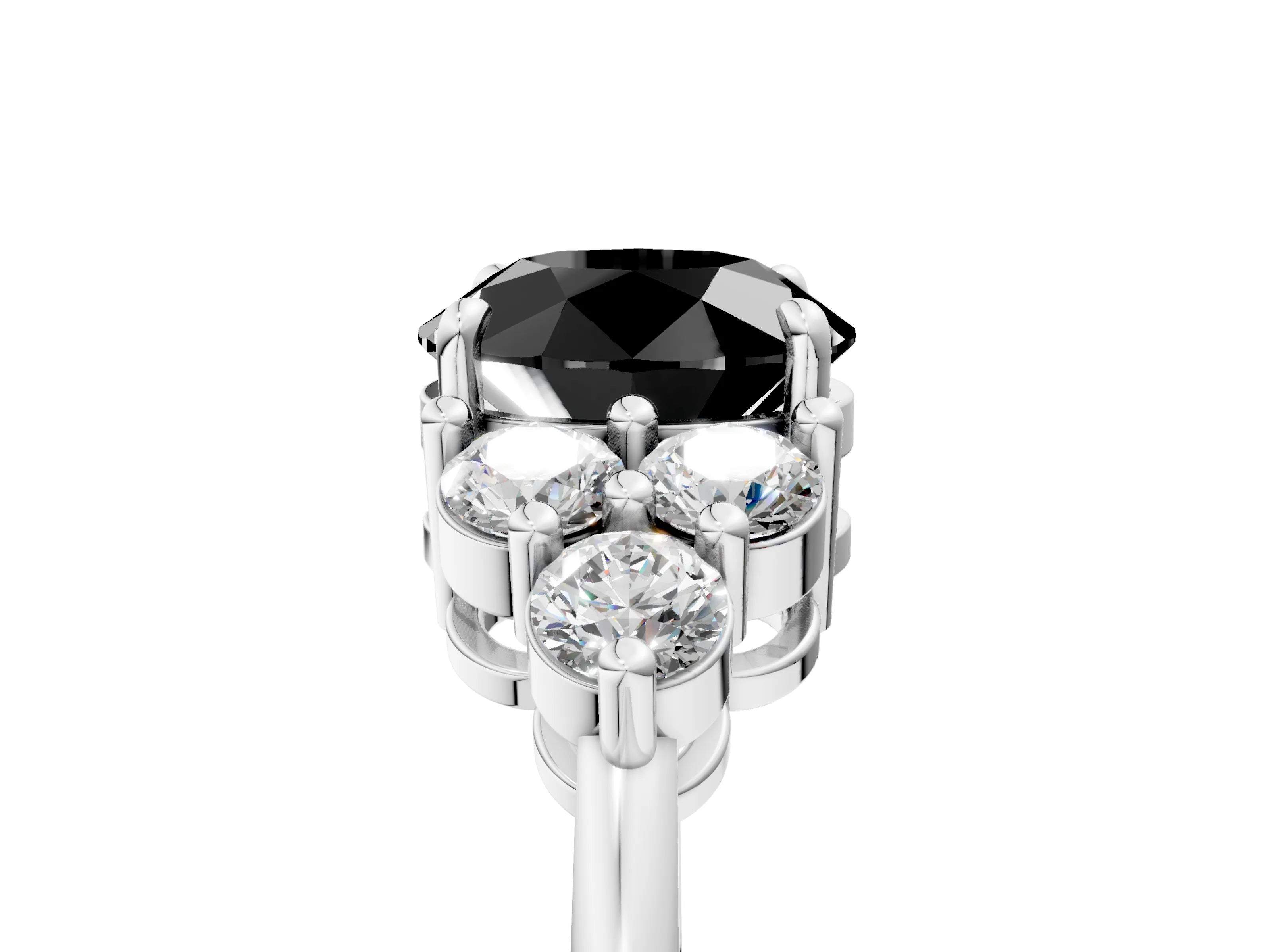 White gold Fancy Black Round Cut Brilliant Diamond Cluster Accent Solitaire Ring with Prong Setting_17