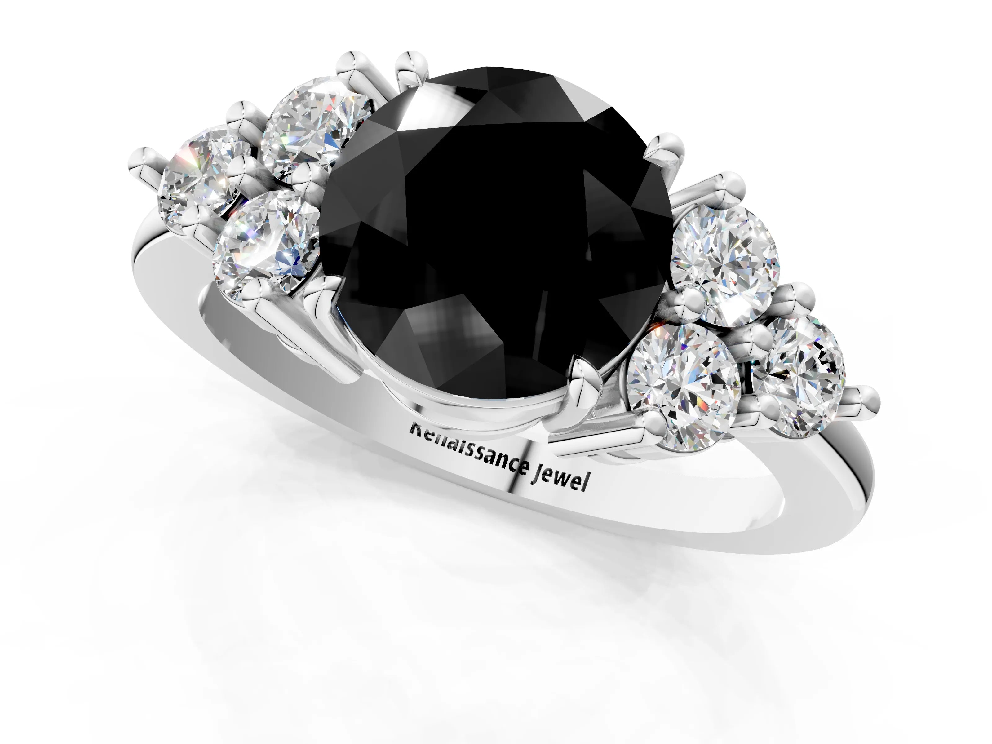 White gold Fancy Black Round Cut Brilliant Diamond Cluster Accent Solitaire Ring with Prong Setting_1