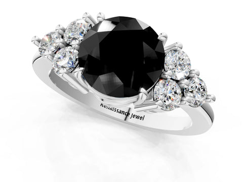 White gold Fancy Black Round Cut Brilliant Diamond Cluster Accent Solitaire Ring with Prong Setting_1