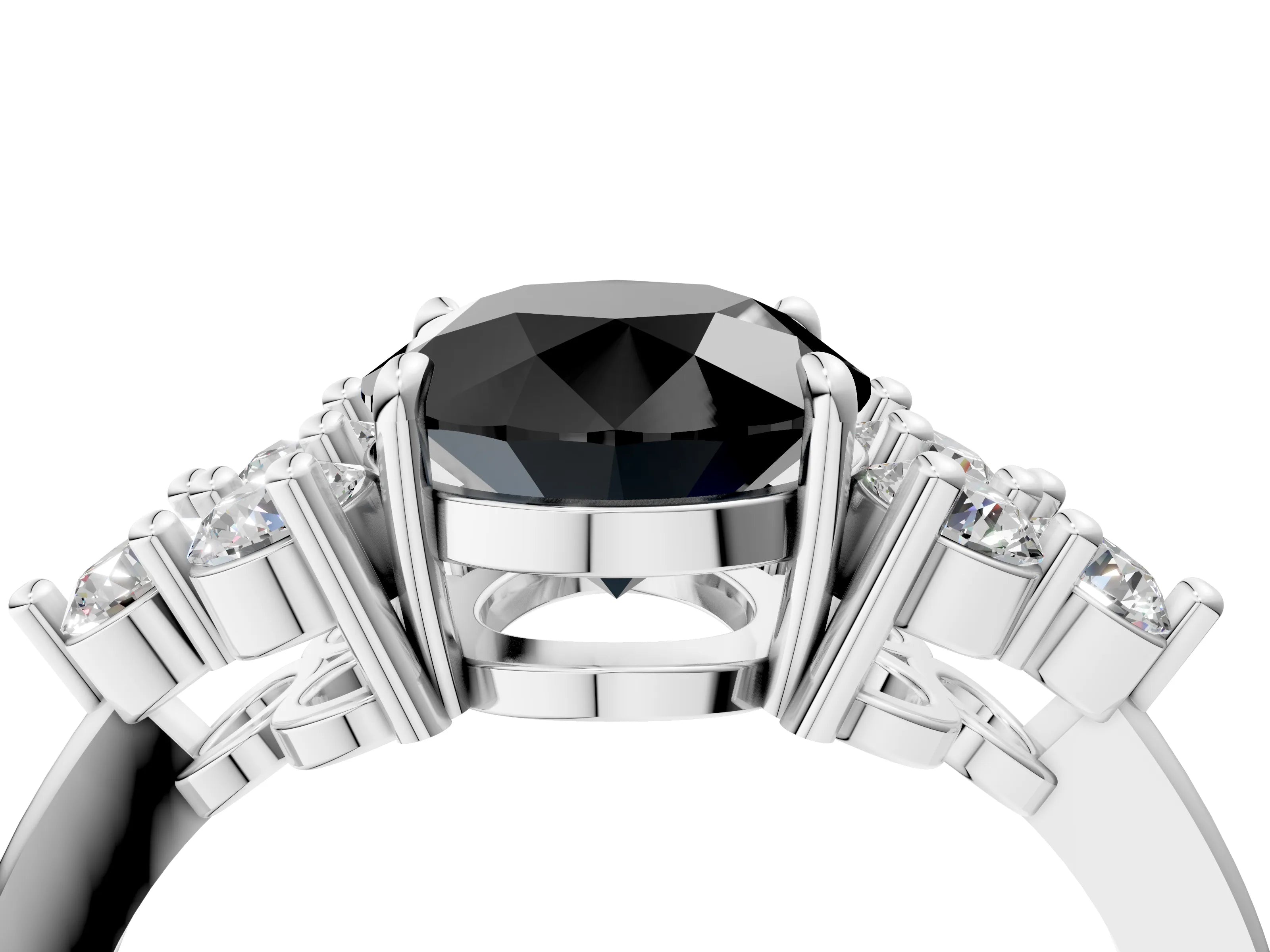 White gold Fancy Black Round Cut Brilliant Diamond Cluster Accent Solitaire Ring with Prong Setting_4