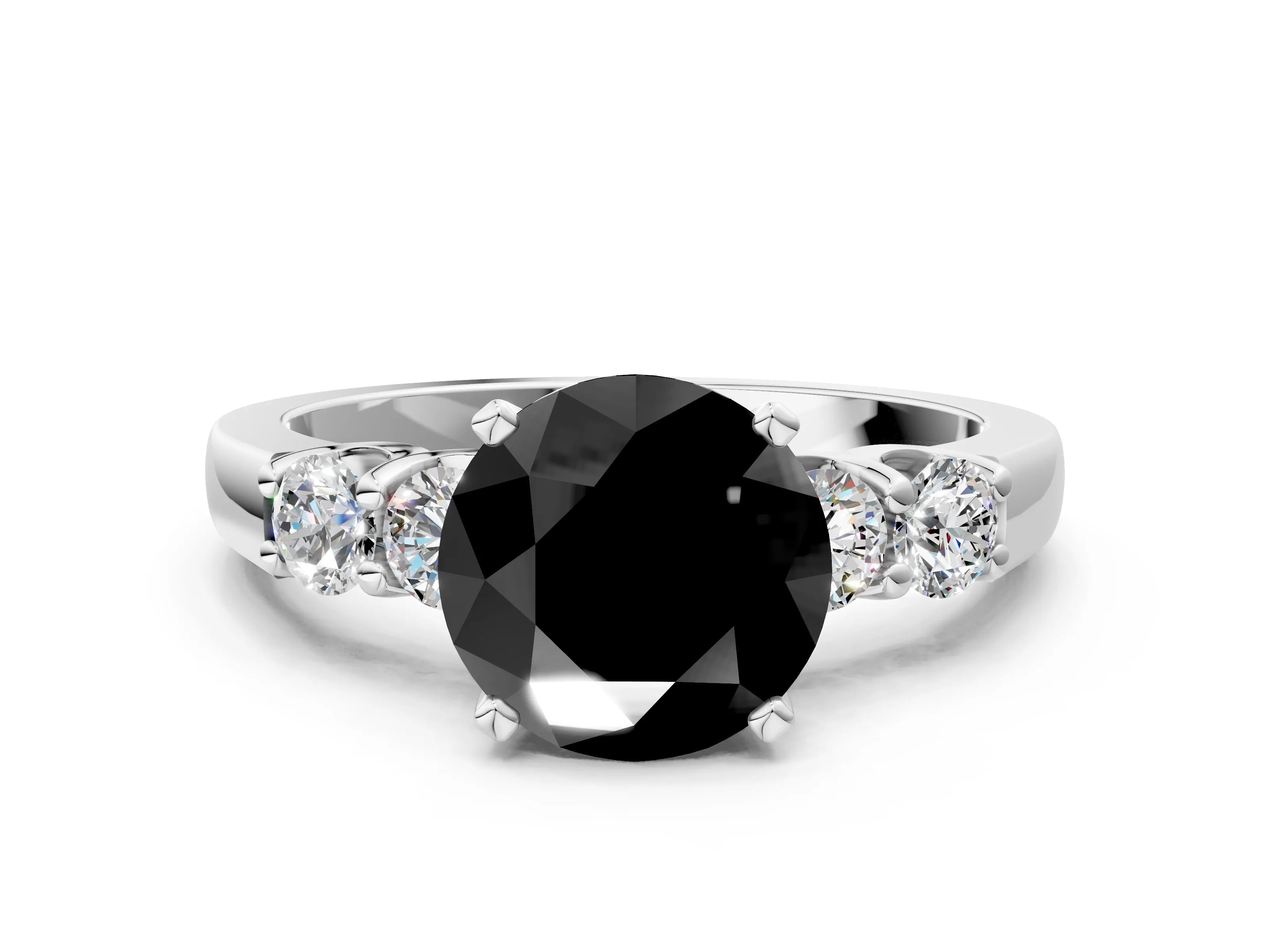 White gold Fancy Black Round Cut Brilliant Diamond Five-Stone Engagement Ring with Prong Setting on a Classic Band_3