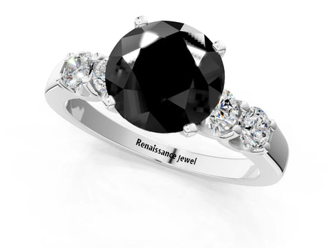 White gold Fancy Black Round Cut Brilliant Diamond Five-Stone Engagement Ring with Prong Setting on a Classic Band_4