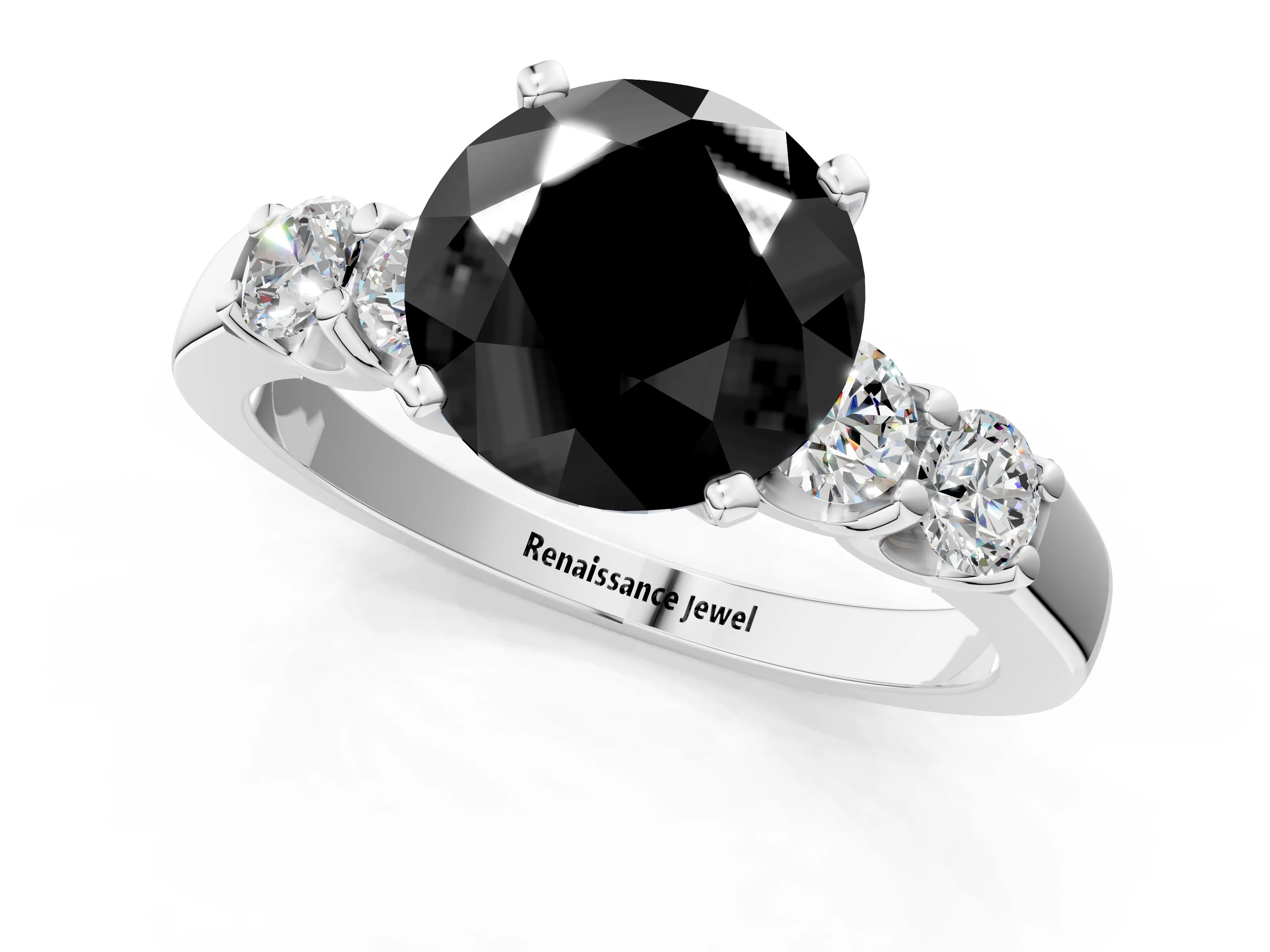 White gold Fancy Black Round Cut Brilliant Diamond Five-Stone Engagement Ring with Prong Setting on a Classic Band_4