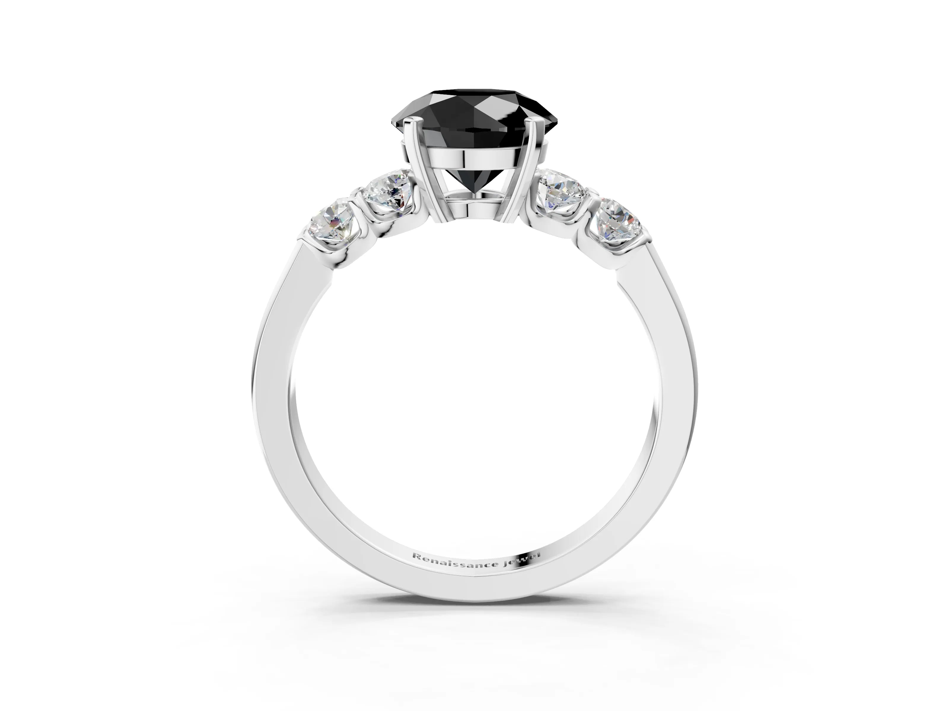White gold Fancy Black Round Cut Brilliant Diamond Five-Stone Engagement Ring with Prong Setting on a Classic Band_6