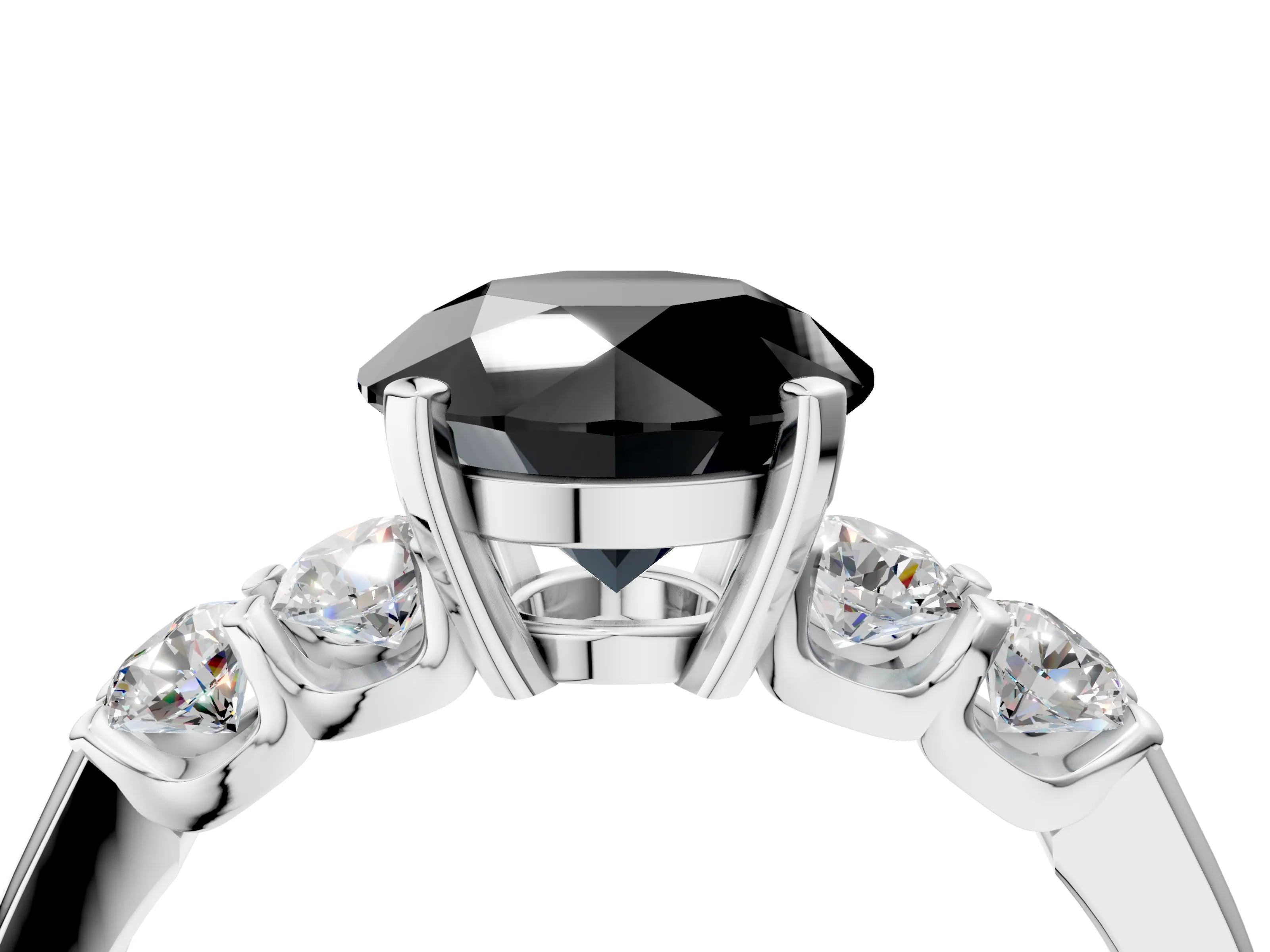White gold Fancy Black Round Cut Brilliant Diamond Five-Stone Engagement Ring with Prong Setting on a Classic Band_7