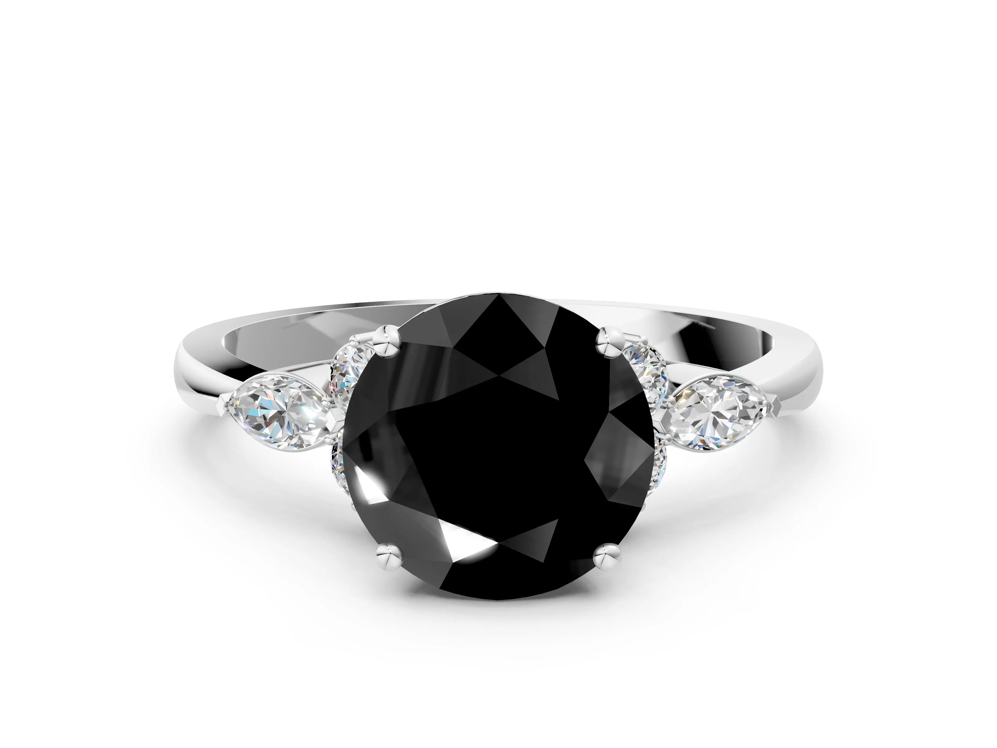 White gold Fancy Black Round Cut Brilliant Diamond Solitaire Ring with Pear Side Stones and Four-Prong Setting_18