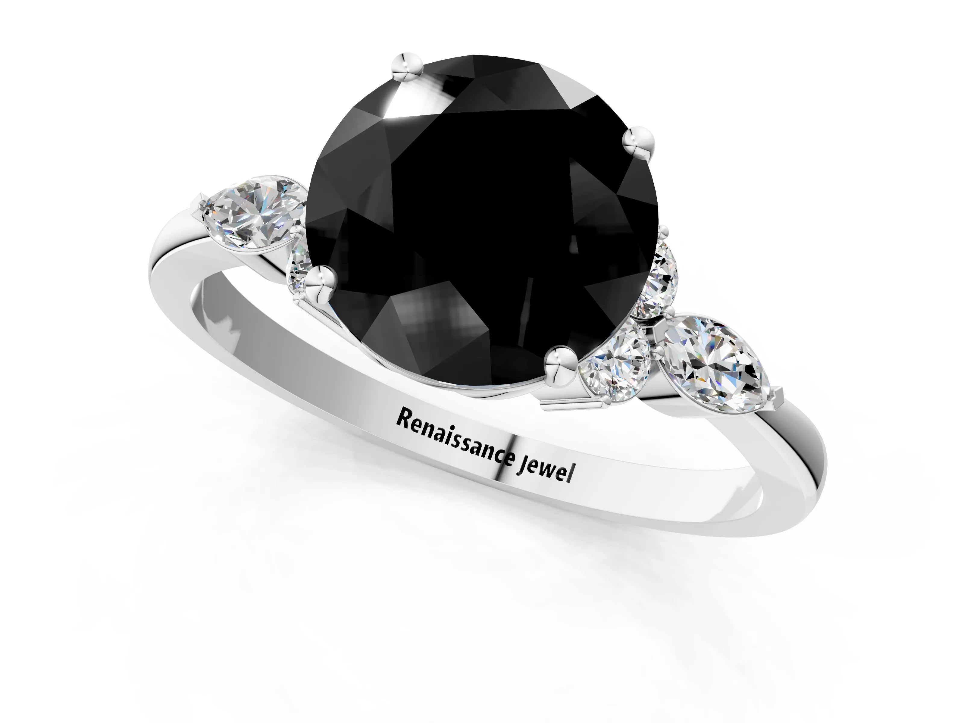 White gold Fancy Black Round Cut Brilliant Diamond Solitaire Ring with Pear Side Stones and Four-Prong Setting_19