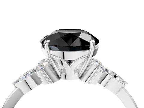 White gold Fancy Black Round Cut Brilliant Diamond Solitaire Ring with Pear Side Stones and Four-Prong Setting_22