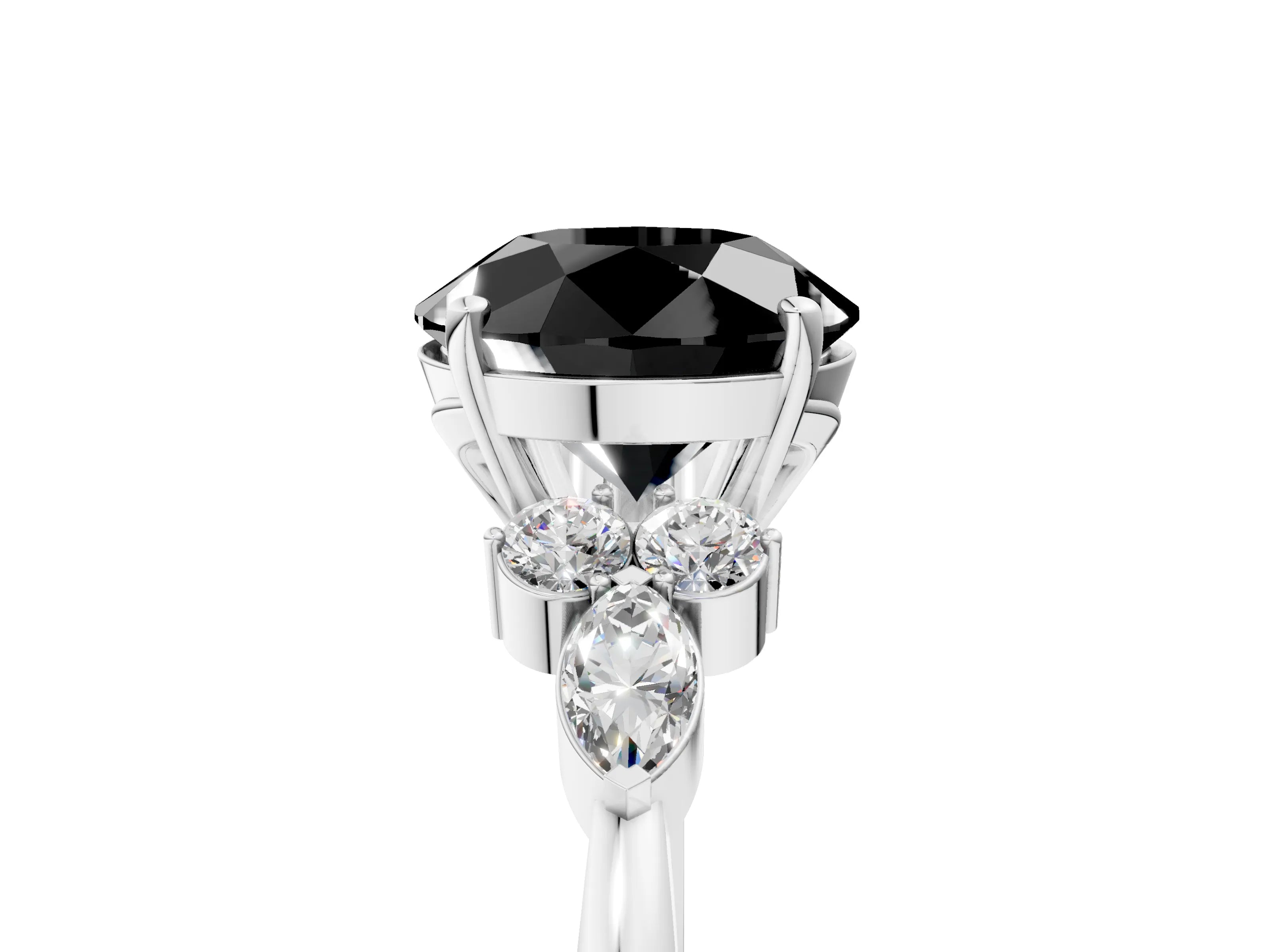 White gold Fancy Black Round Cut Brilliant Diamond Solitaire Ring with Pear Side Stones and Four-Prong Setting_23