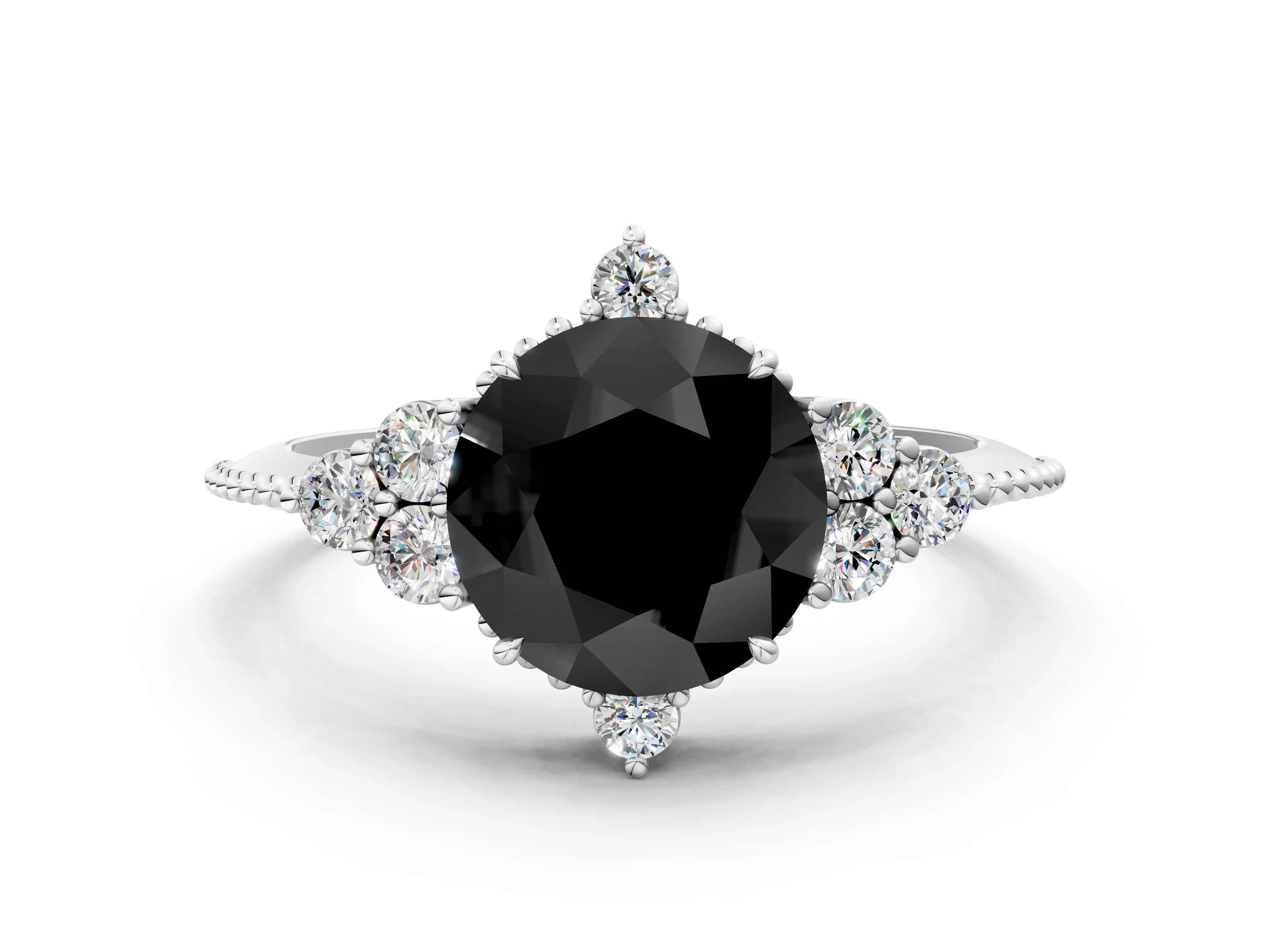 White gold Fancy Black Round Cut Brilliant Diamond with Cluster Setting on a Beaded Band and Four-Prong Setting_12