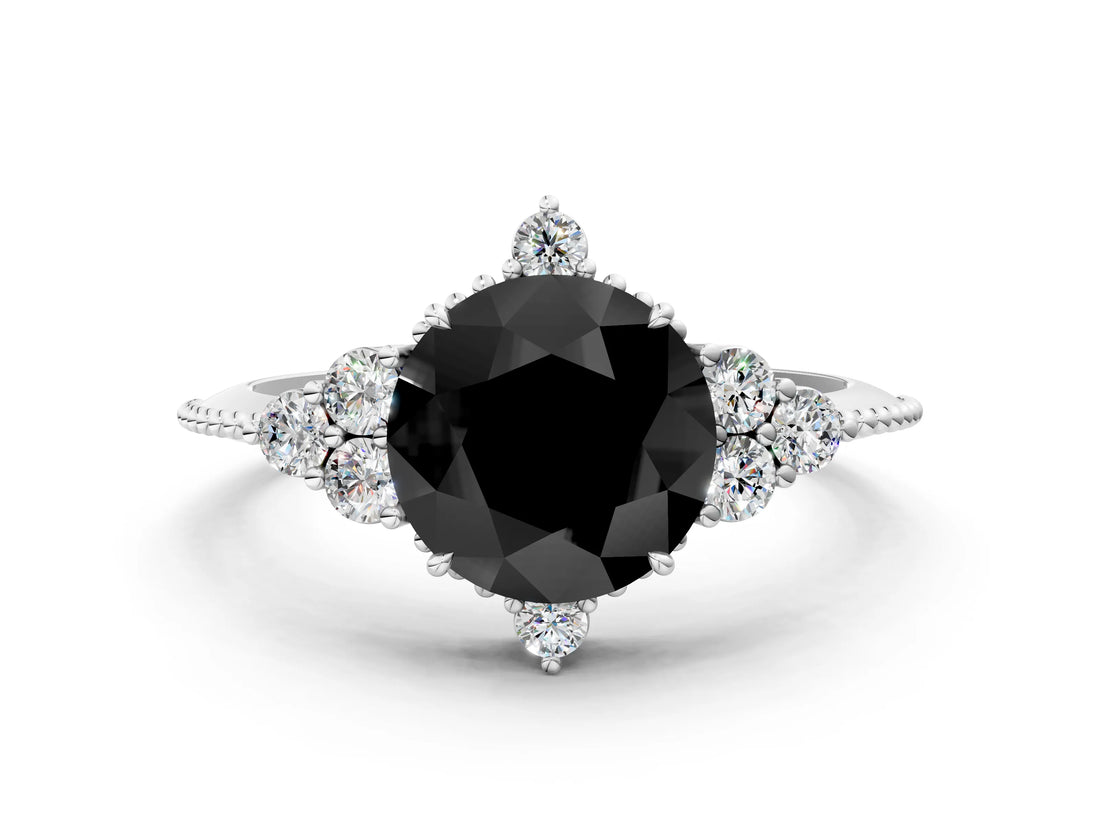 White gold Fancy Black Round Cut Brilliant Diamond with Cluster Setting on a Beaded Band and Four-Prong Setting_12