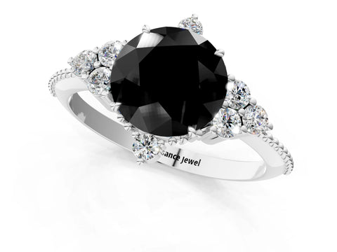 White gold Fancy Black Round Cut Brilliant Diamond with Cluster Setting on a Beaded Band and Four-Prong Setting_13