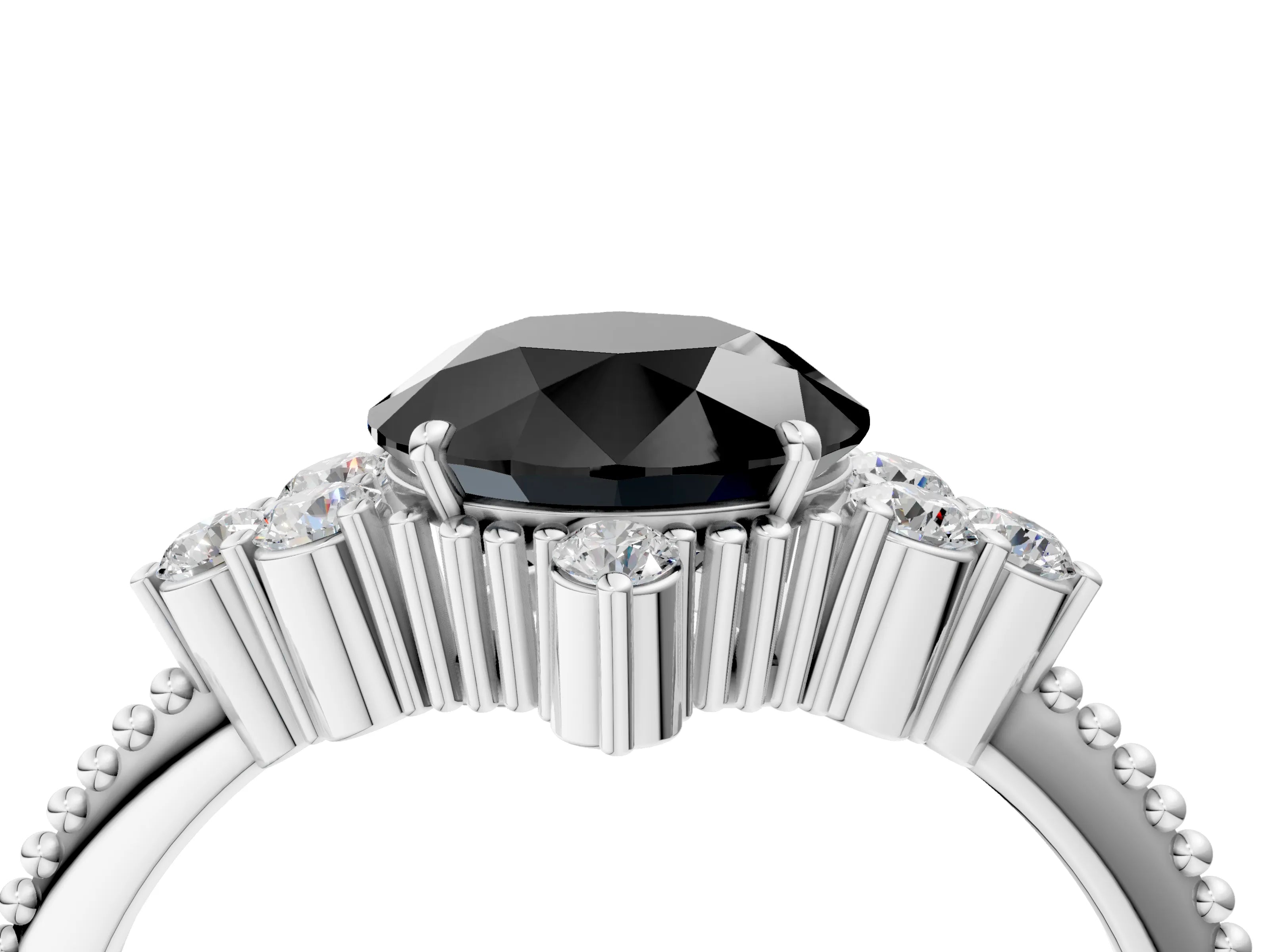 White gold Fancy Black Round Cut Brilliant Diamond with Cluster Setting on a Beaded Band and Four-Prong Setting_16