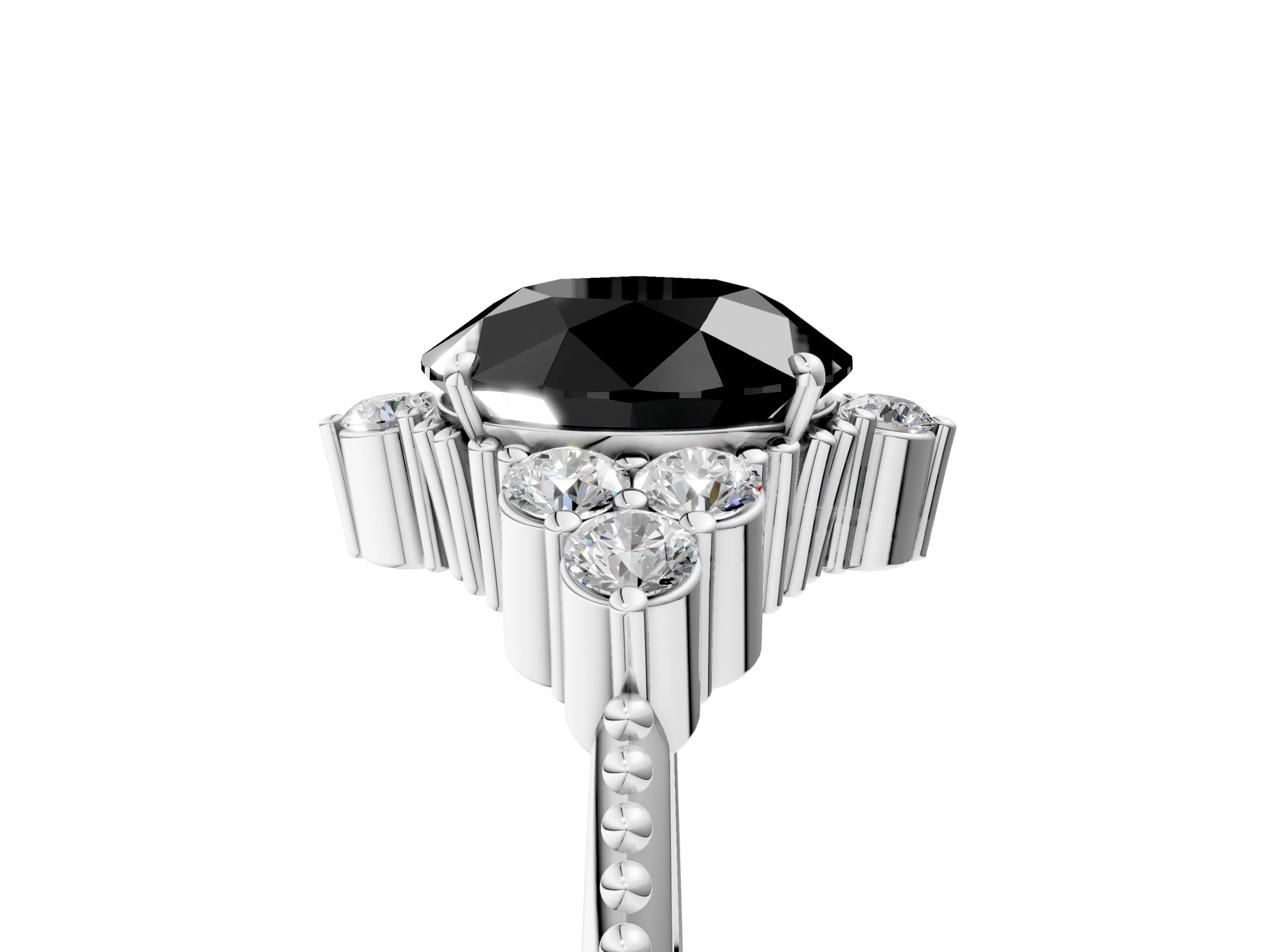 White gold Fancy Black Round Cut Brilliant Diamond with Cluster Setting on a Beaded Band and Four-Prong Setting_17