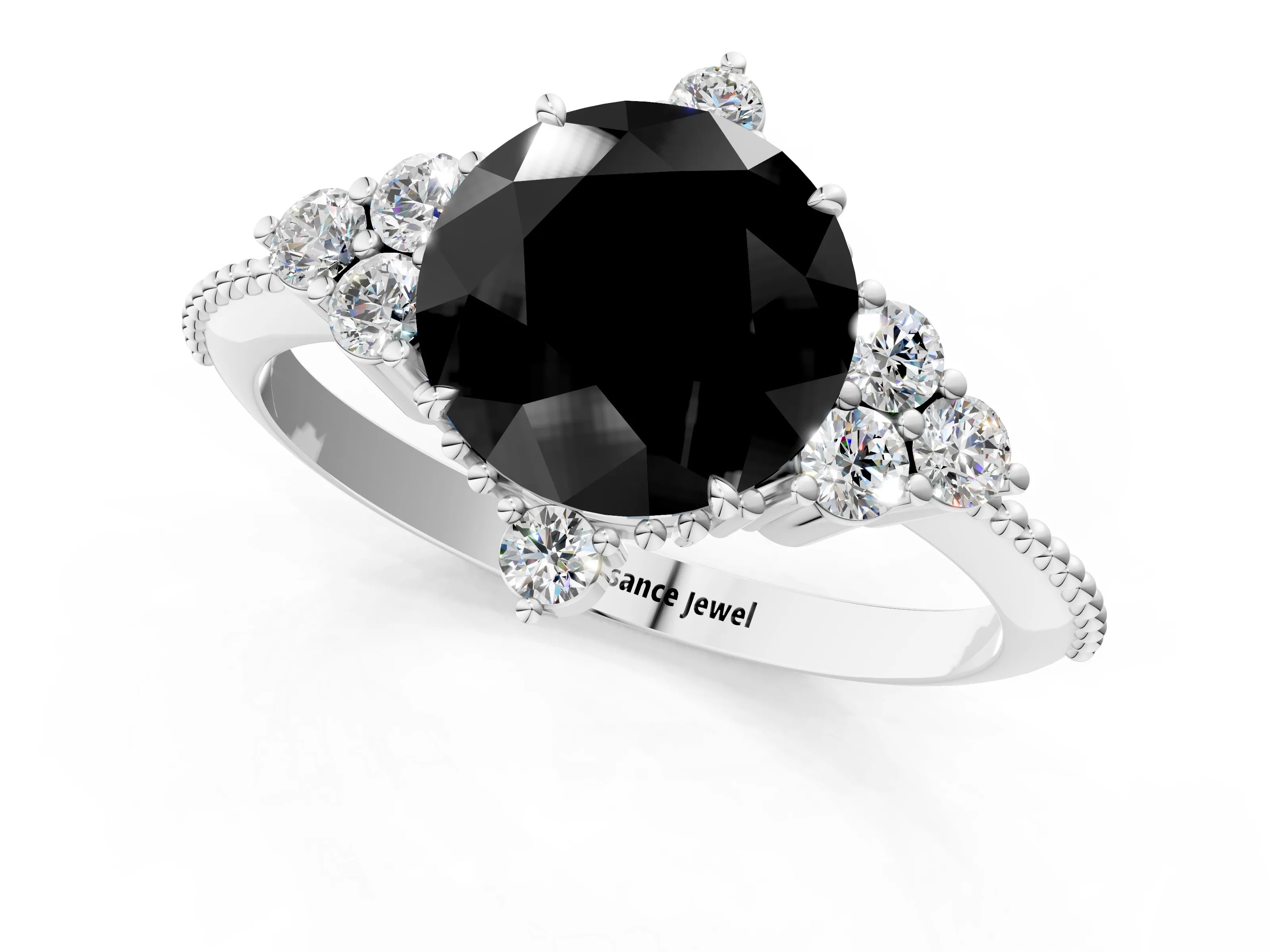 White gold Fancy Black Round Cut Brilliant Diamond with Cluster Setting on a Beaded Band and Four-Prong Setting_1