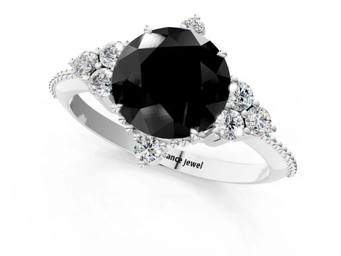 White gold Fancy Black Round Cut Brilliant Diamond with Cluster Setting on a Beaded Band and Four-Prong Setting_1
