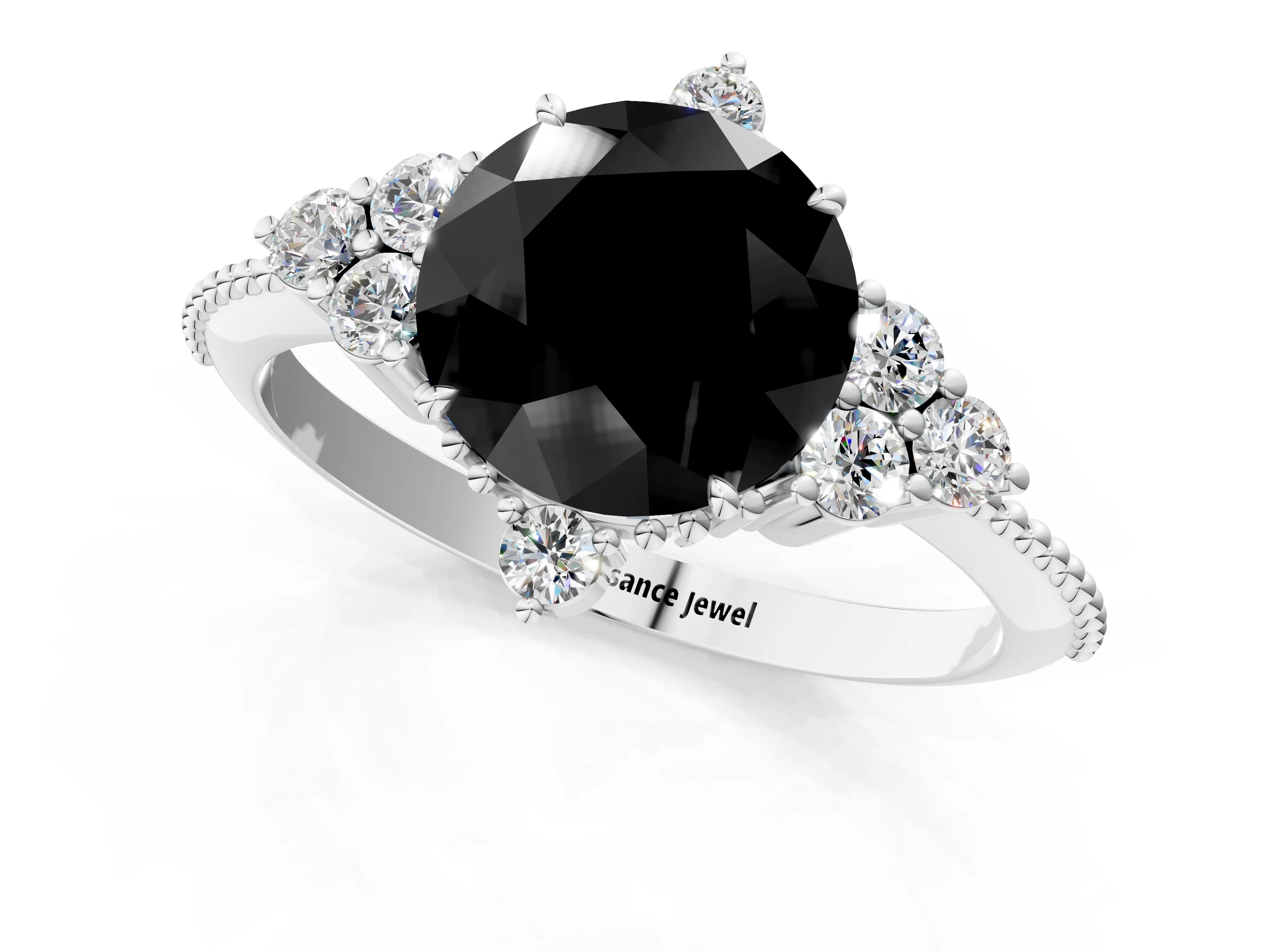 White gold Fancy Black Round Cut Brilliant Diamond with Cluster Setting on a Beaded Band and Four-Prong Setting_25