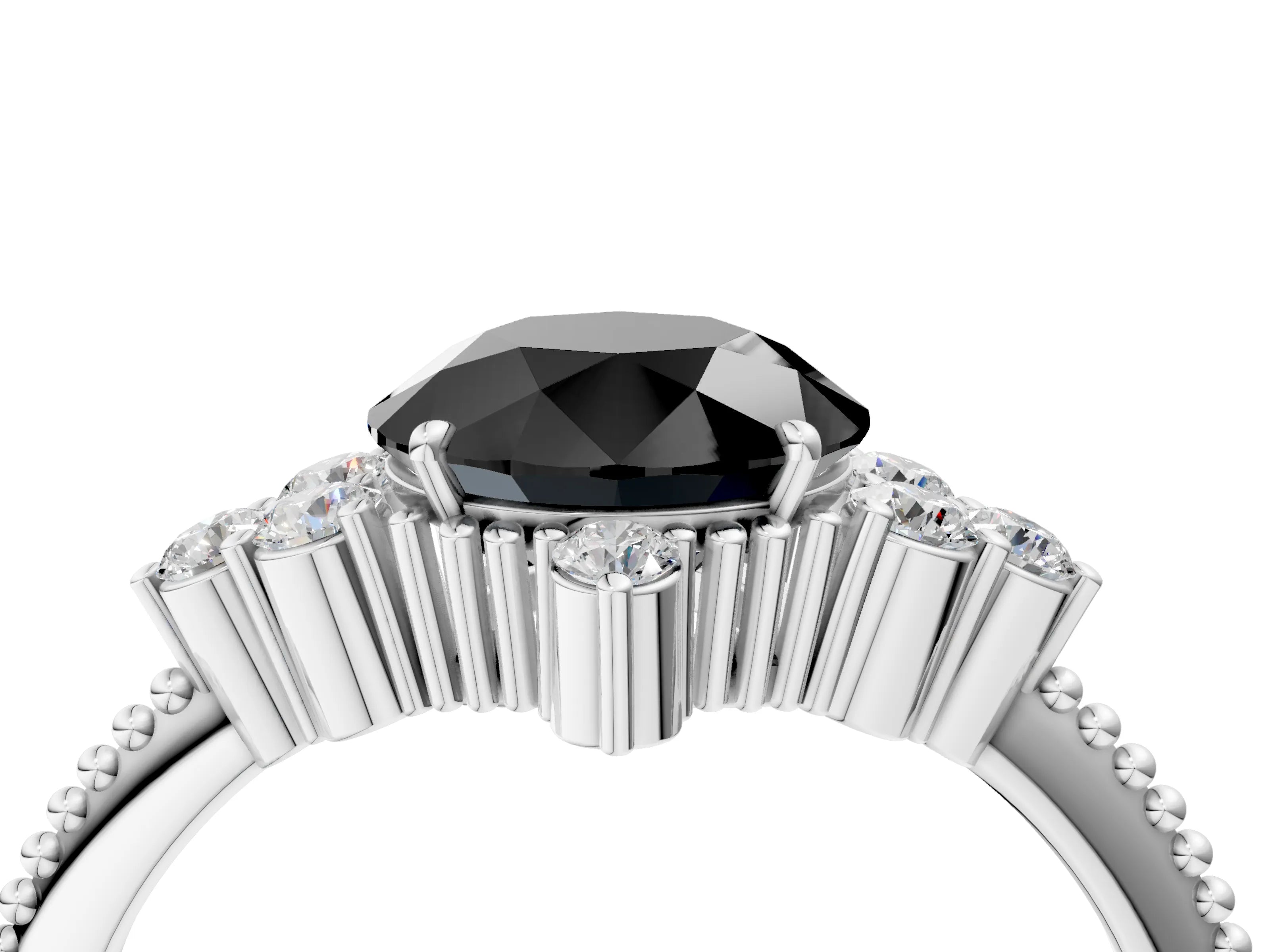 White gold Fancy Black Round Cut Brilliant Diamond with Cluster Setting on a Beaded Band and Four-Prong Setting_4