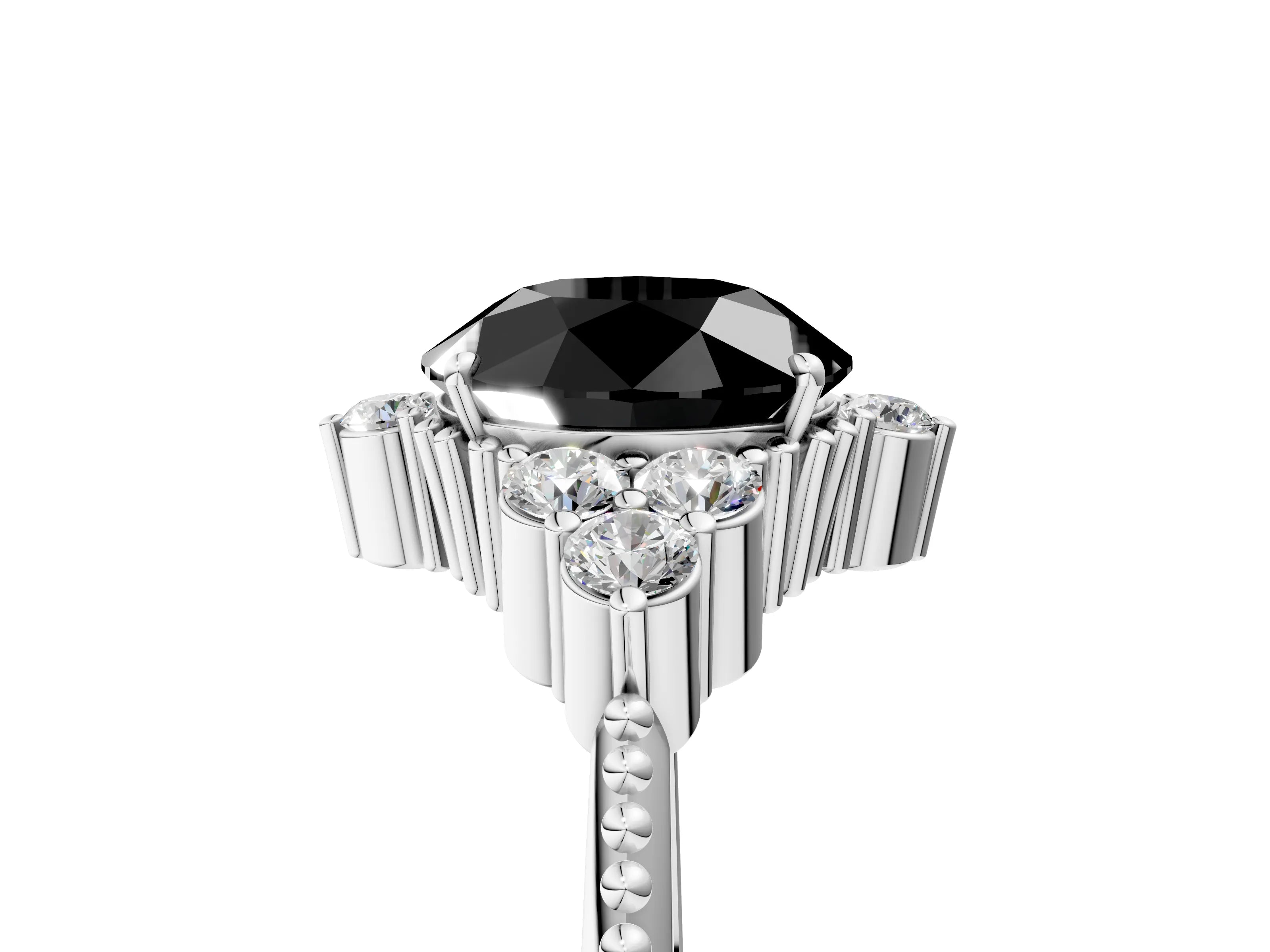 White gold Fancy Black Round Cut Brilliant Diamond with Cluster Setting on a Beaded Band and Four-Prong Setting_5