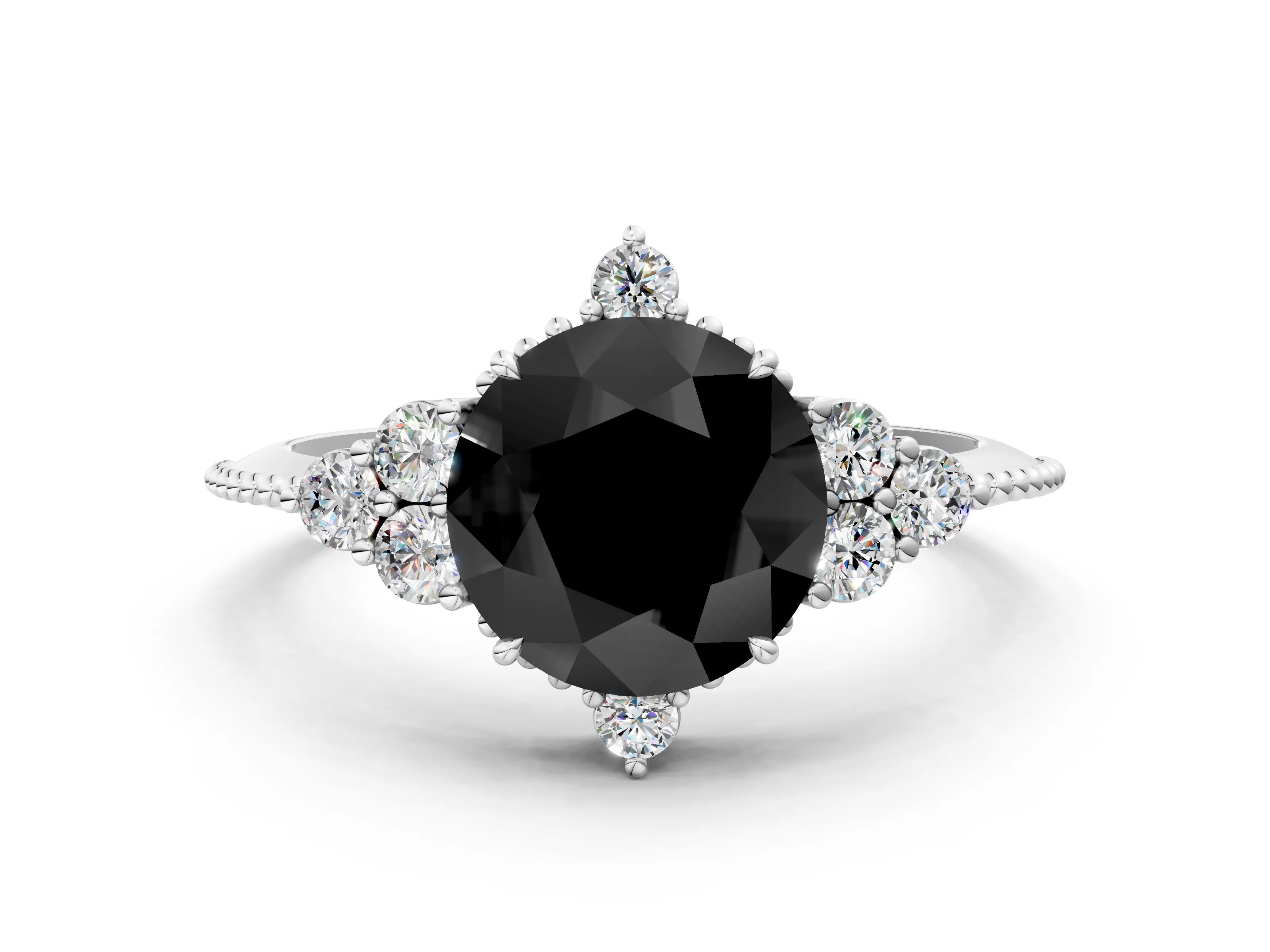 White gold Fancy Black Round Cut Brilliant Diamond with Cluster Setting on a Beaded Band and Four-Prong Setting
