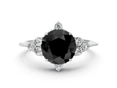 White gold Fancy Black Round Cut Brilliant Diamond with Cluster Setting on a Beaded Band and Four-Prong Setting